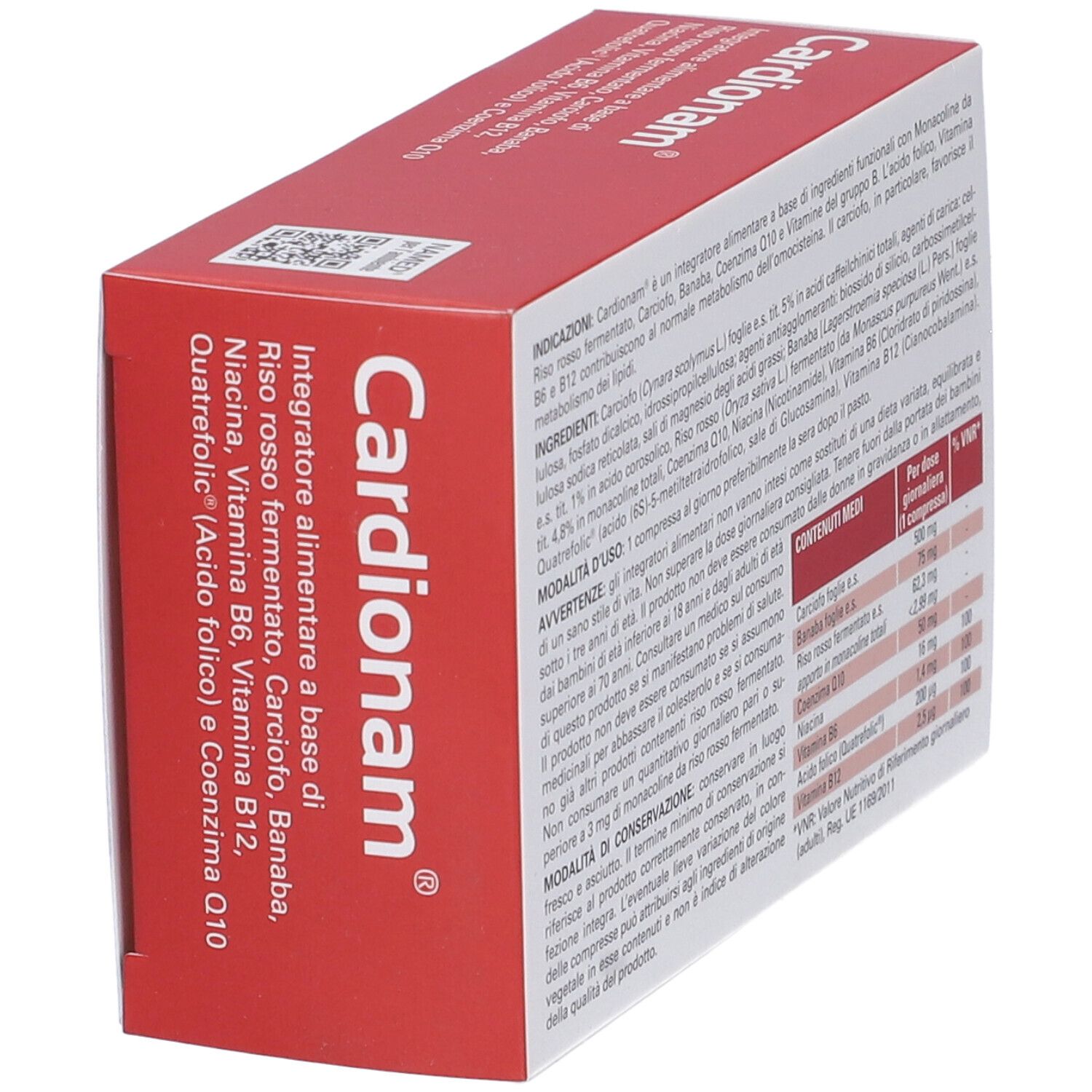 Scatola NAMED® Cardionam, confezione rossa e grigia. Vista laterale con informazioni sul prodotto.