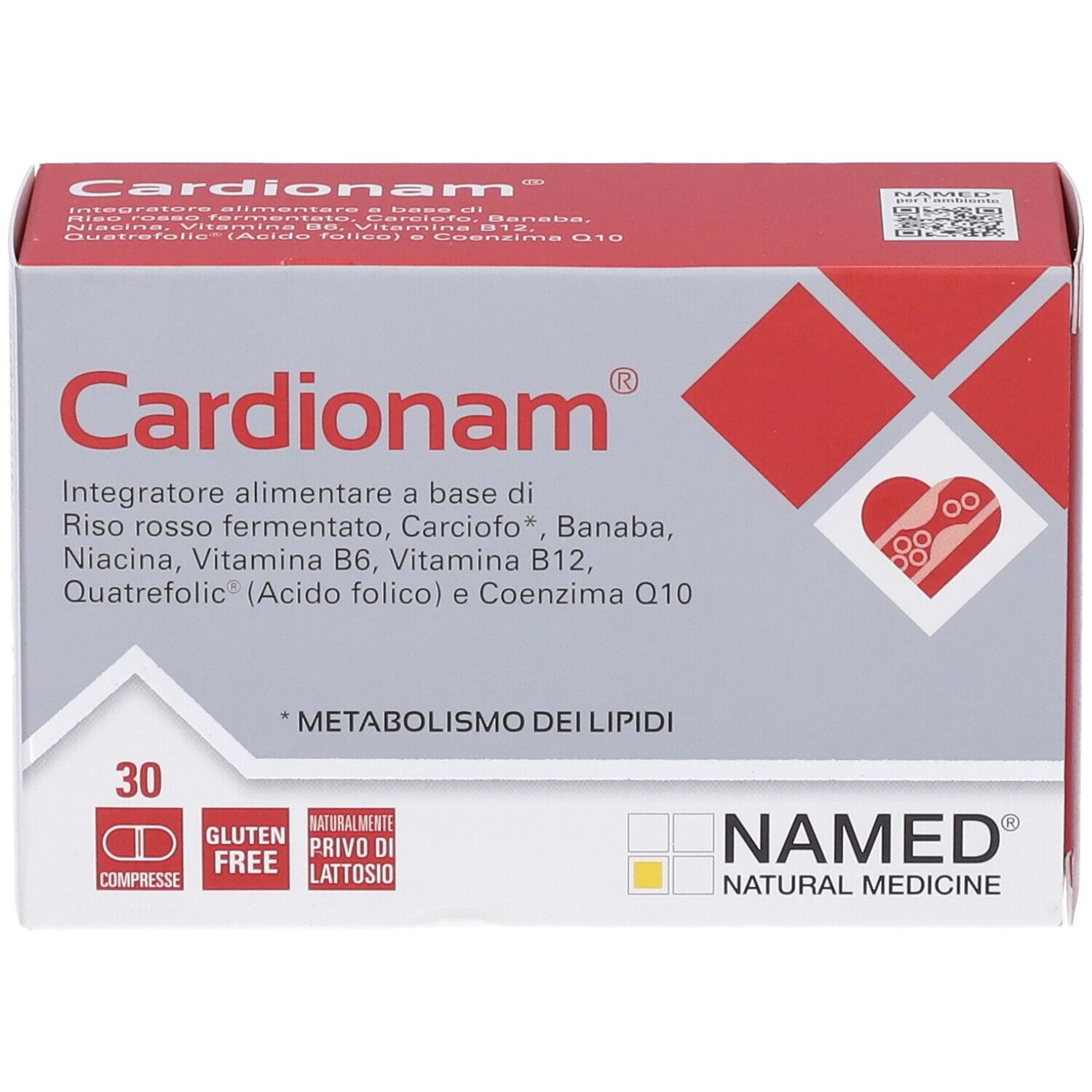 Scatola Cardionam® NAMED. Scritta: 30 compresse, senza glutine, senza lattosio. Confezione rossa e grigia.
