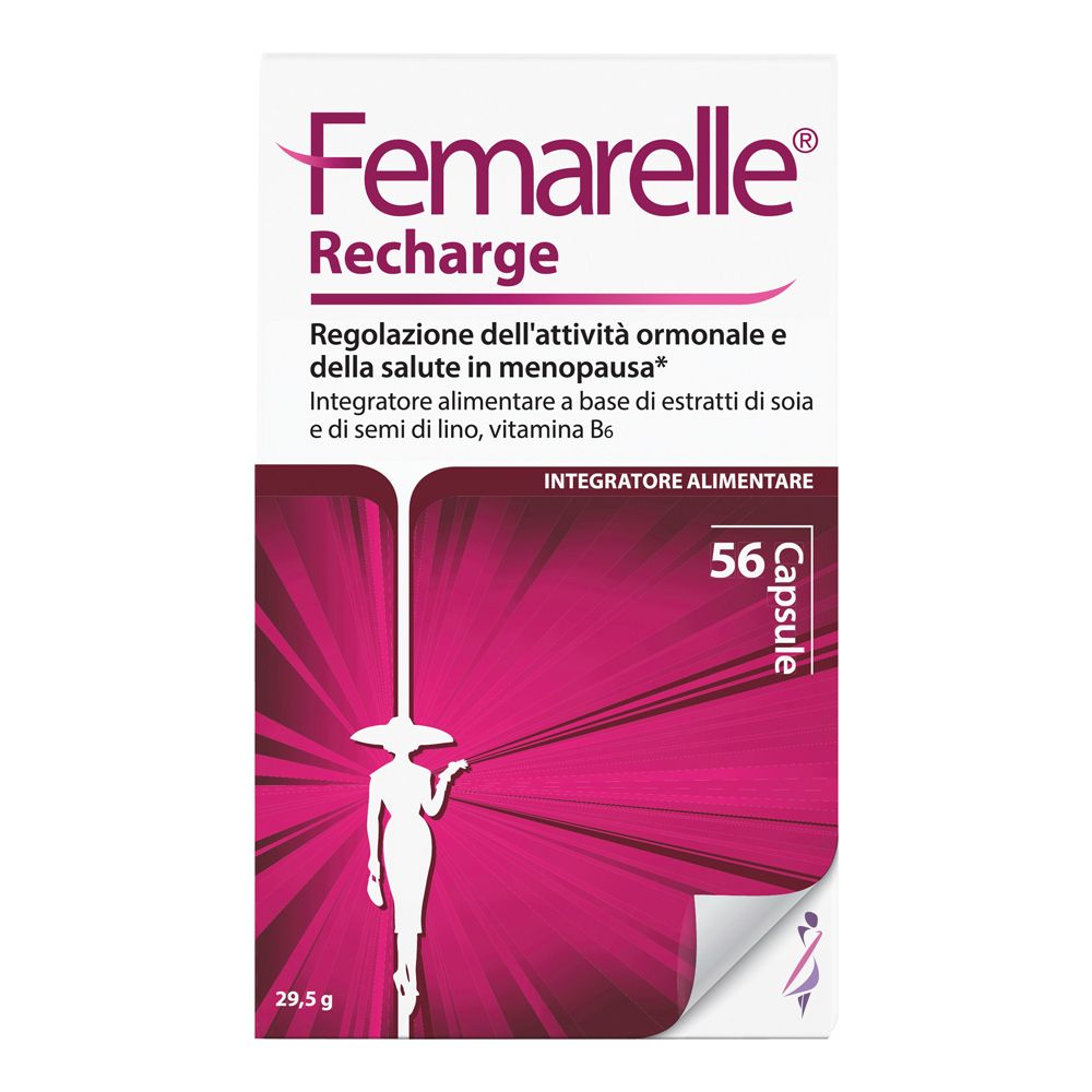 Confezione Femarelle Recharge. 56 capsule. Sfondo rosa con informazioni e silhouette femminile.