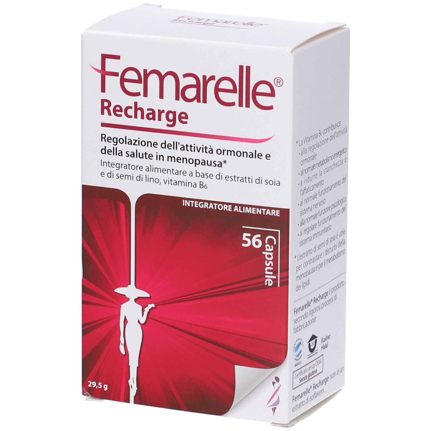 Confezione Femarelle Recharge. 56 capsule. Scatola bianca con informazioni e silhouette femminile.