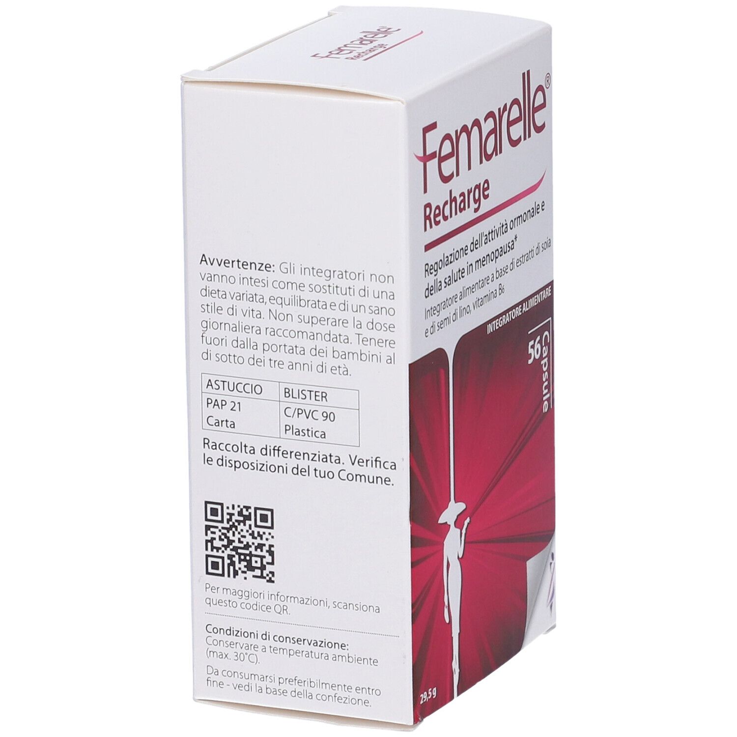 Confezione Femarelle Recharge. Retro con informazioni, codice QR e indicazioni riciclo.
