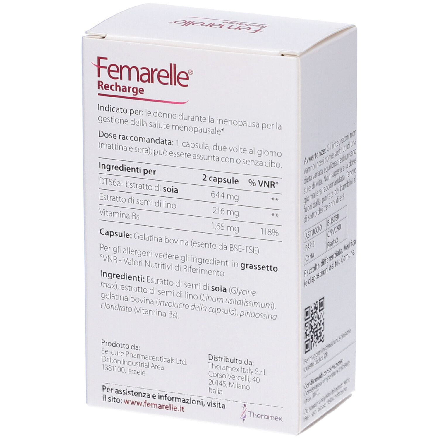 Confezione Femarelle Recharge. Lato con ingredienti, dosaggio e informazioni produttore.