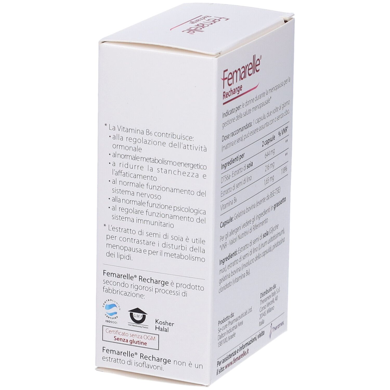 Confezione Femarelle Recharge. Lato con benefici, certificazioni e informazioni produttore.