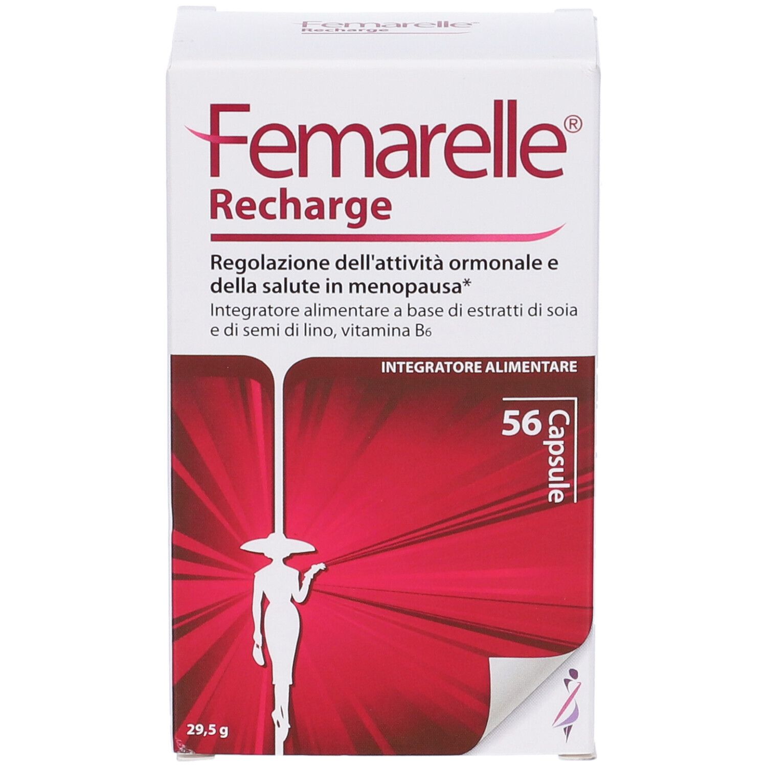 Confezione Femarelle Recharge. 56 capsule. Scatola bianca con informazioni e silhouette femminile.