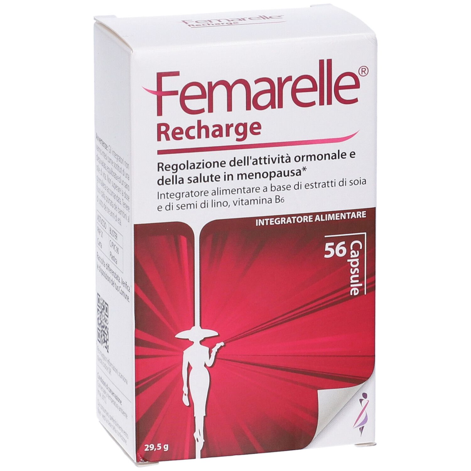 Confezione Femarelle Recharge. 56 capsule. Scatola bianca con informazioni e silhouette femminile.