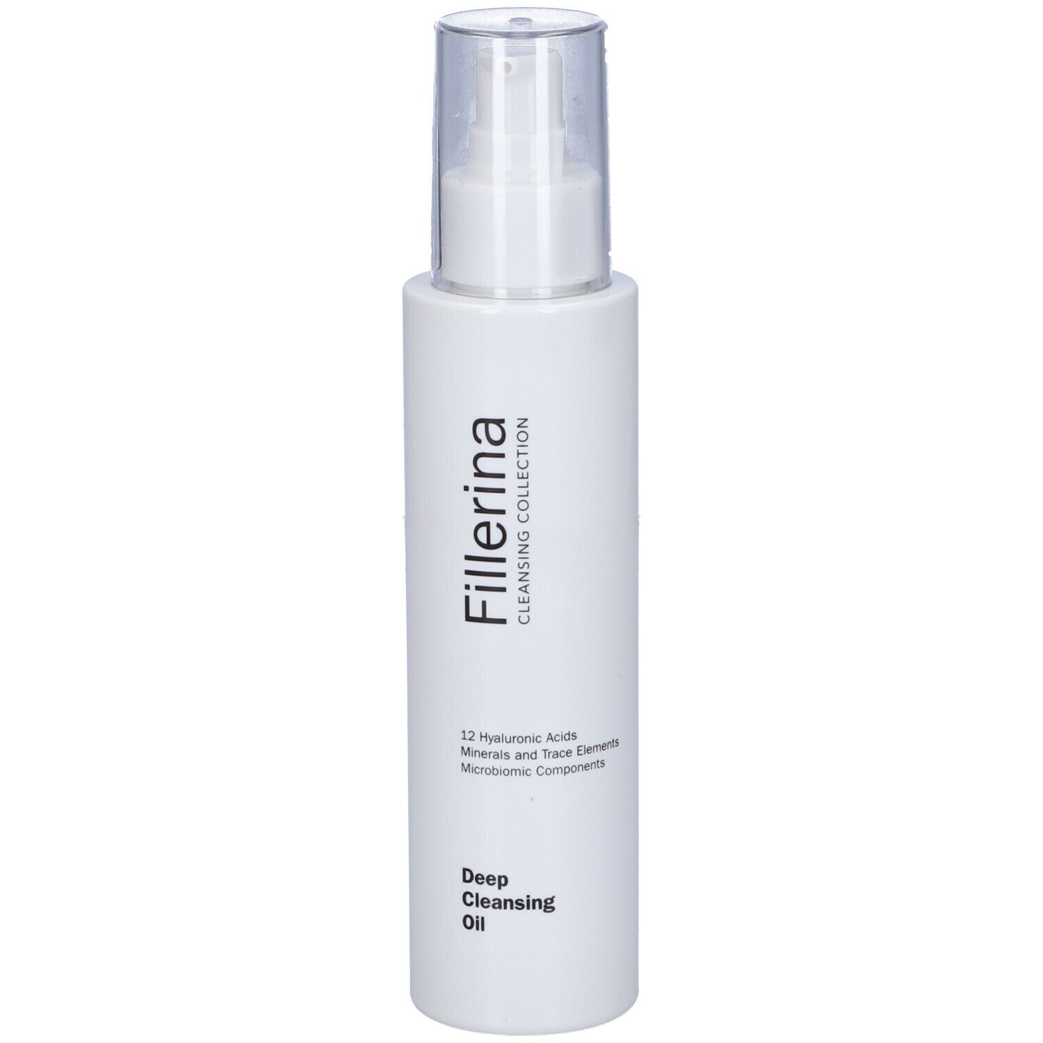 Flacone bianco con dosatore a pompa. Scritta: Fillerina, Deep Cleansing Oil. Contiene acido ialuronico e minerali.
