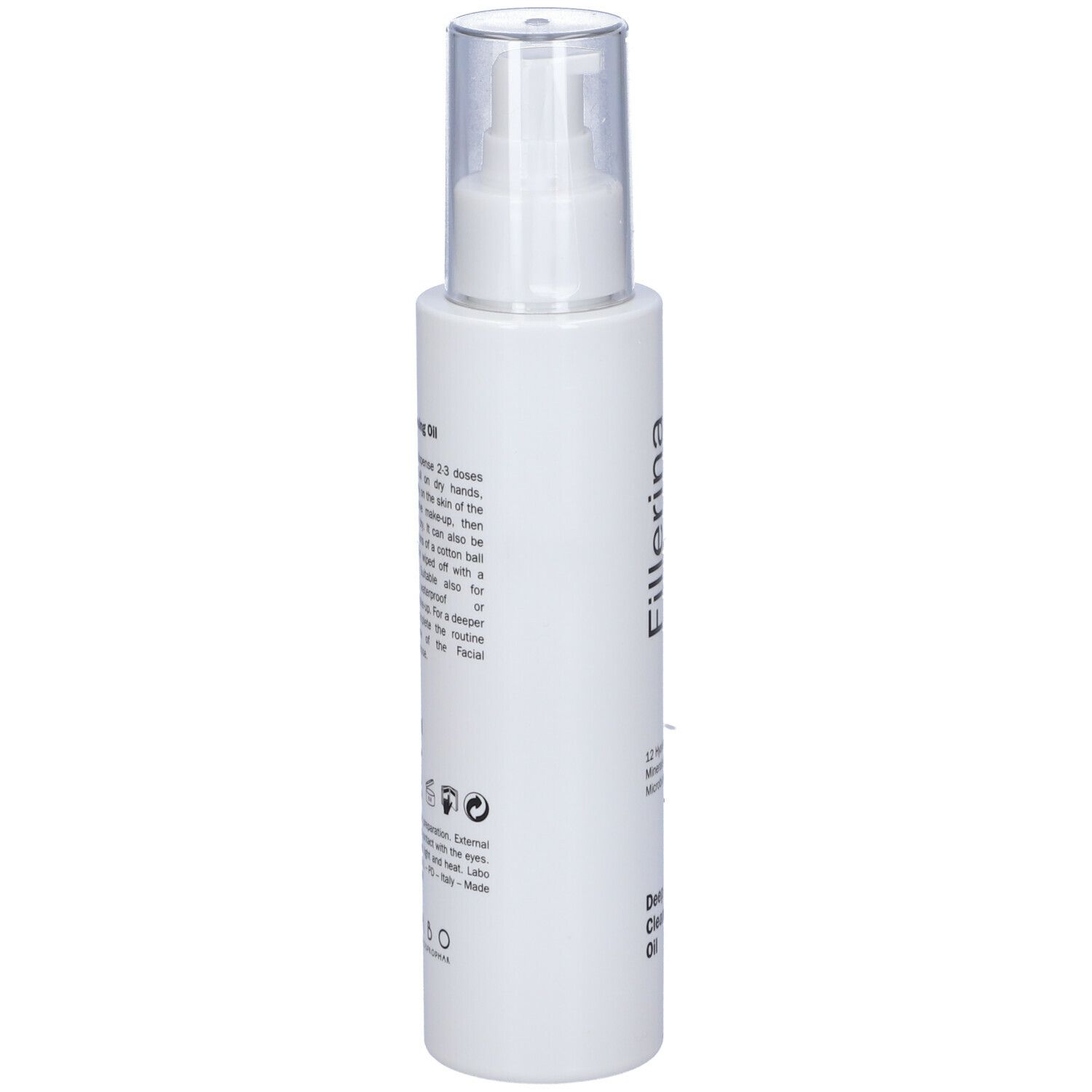 Flacone bianco con dosatore a pompa. Scritta: Fillerina, Deep Cleansing Oil. Testo con istruzioni per l'uso.