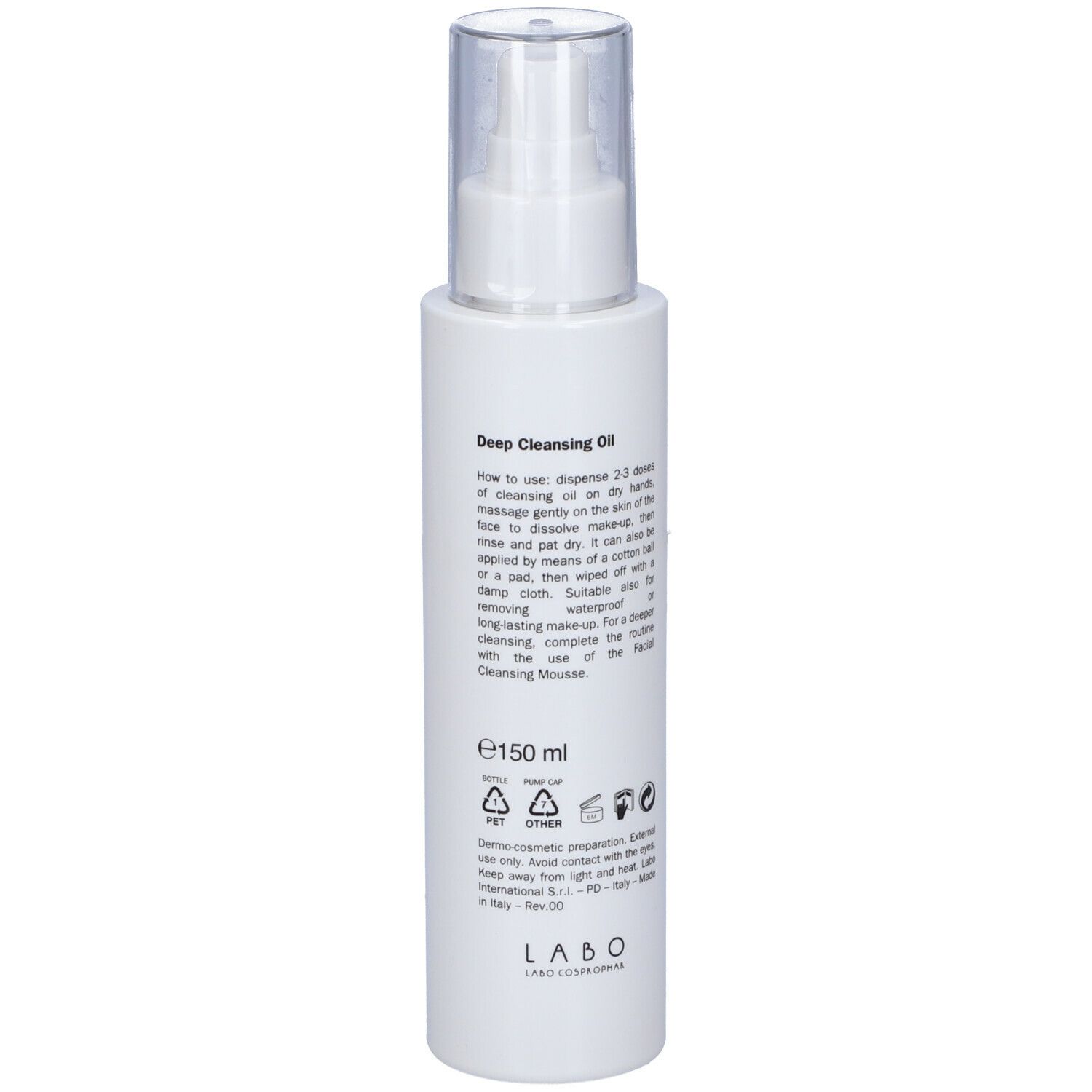 Flacone bianco con dosatore a pompa. Scritta: Fillerina, Deep Cleansing Oil. Testo con istruzioni e ingredienti.