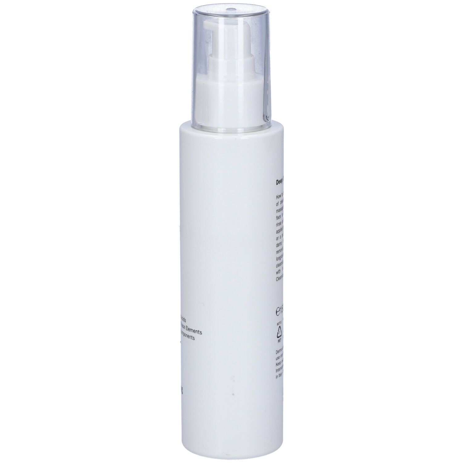 Flacone bianco con dosatore a pompa. Scritta: Fillerina, Deep Cleansing Oil. Testo con istruzioni per l'uso.