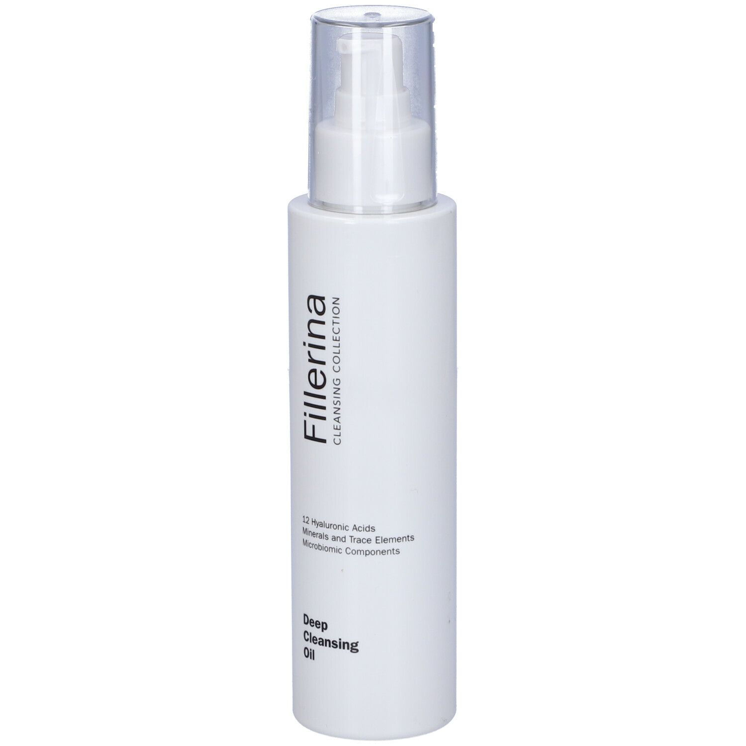Flacone bianco con dosatore a pompa. Scritta: Fillerina, Deep Cleansing Oil. Contiene acido ialuronico e minerali.
