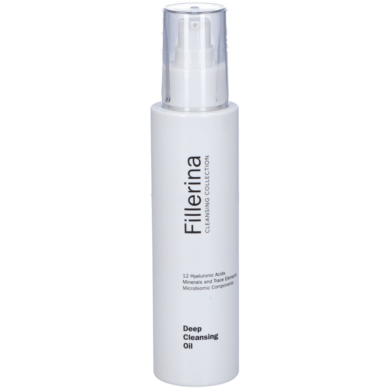 Flacone bianco con dosatore a pompa. Scritta: Fillerina, Deep Cleansing Oil. Contiene acido ialuronico e minerali.