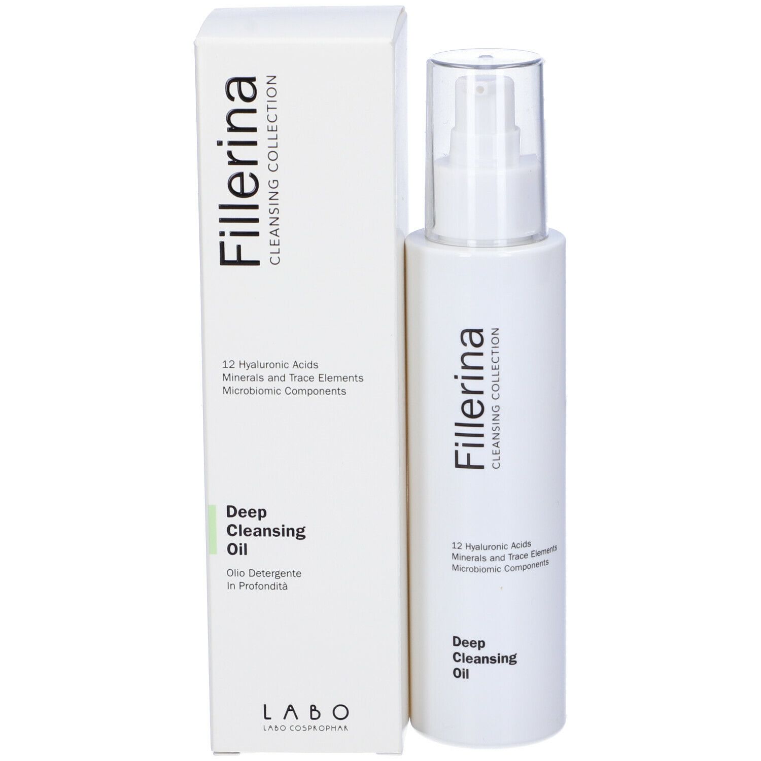 Confezione e flacone. Scritta: Fillerina, Deep Cleansing Oil. Contiene acido ialuronico e minerali. Con logo.