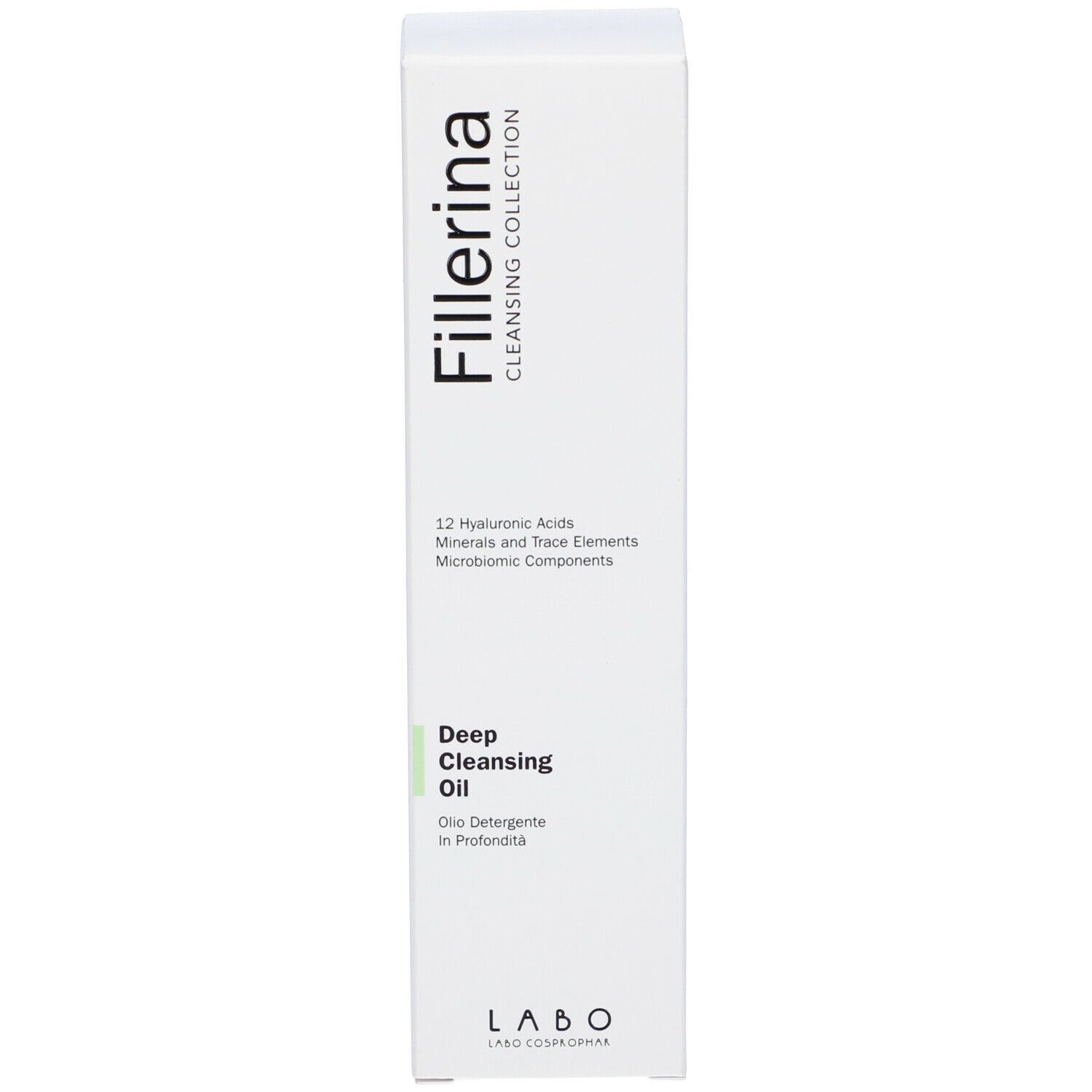 Confezione del prodotto. Scritta: Fillerina, Deep Cleansing Oil. Contiene acido ialuronico e minerali. Con logo.