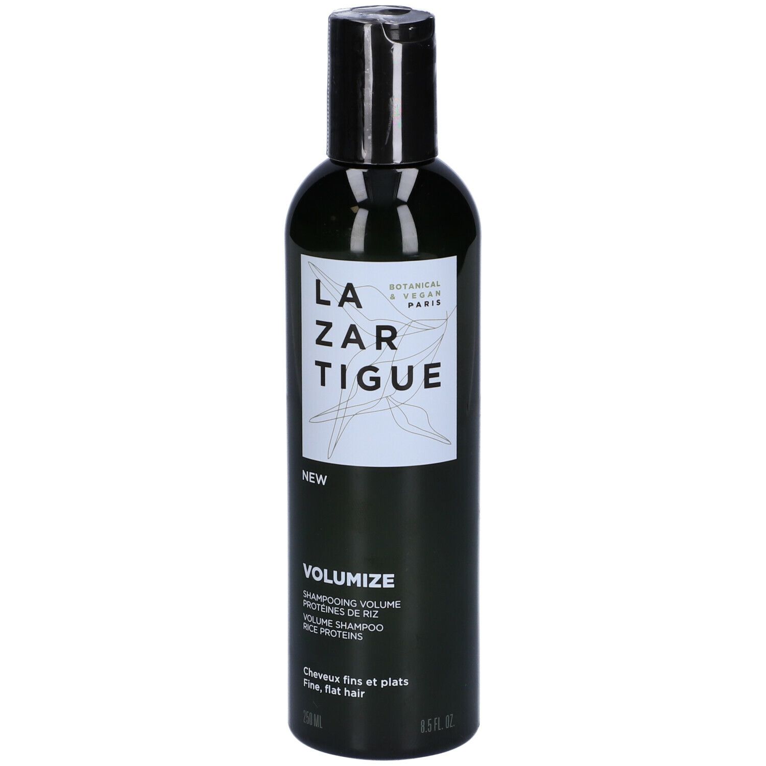 Flacone di shampoo verde con tappo nero. Scritte: LAZARTIGUE, VOLUMIZE, NEW. Per capelli fini e piatti.