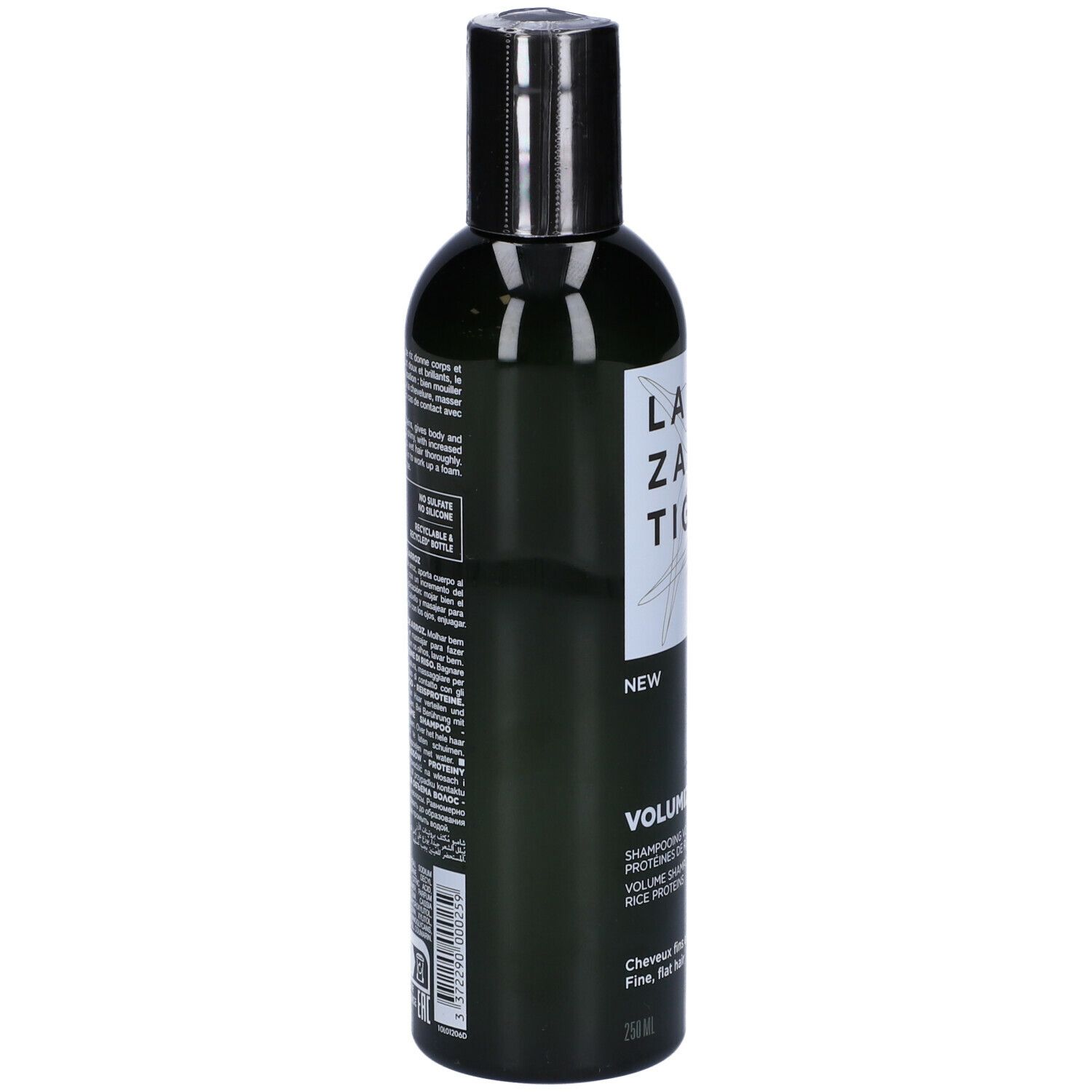 Flacone di shampoo verde con tappo nero. Scritte: LAZARTIGUE, VOLUMIZE. Retro con testo e codice a barre. Logo vegano.