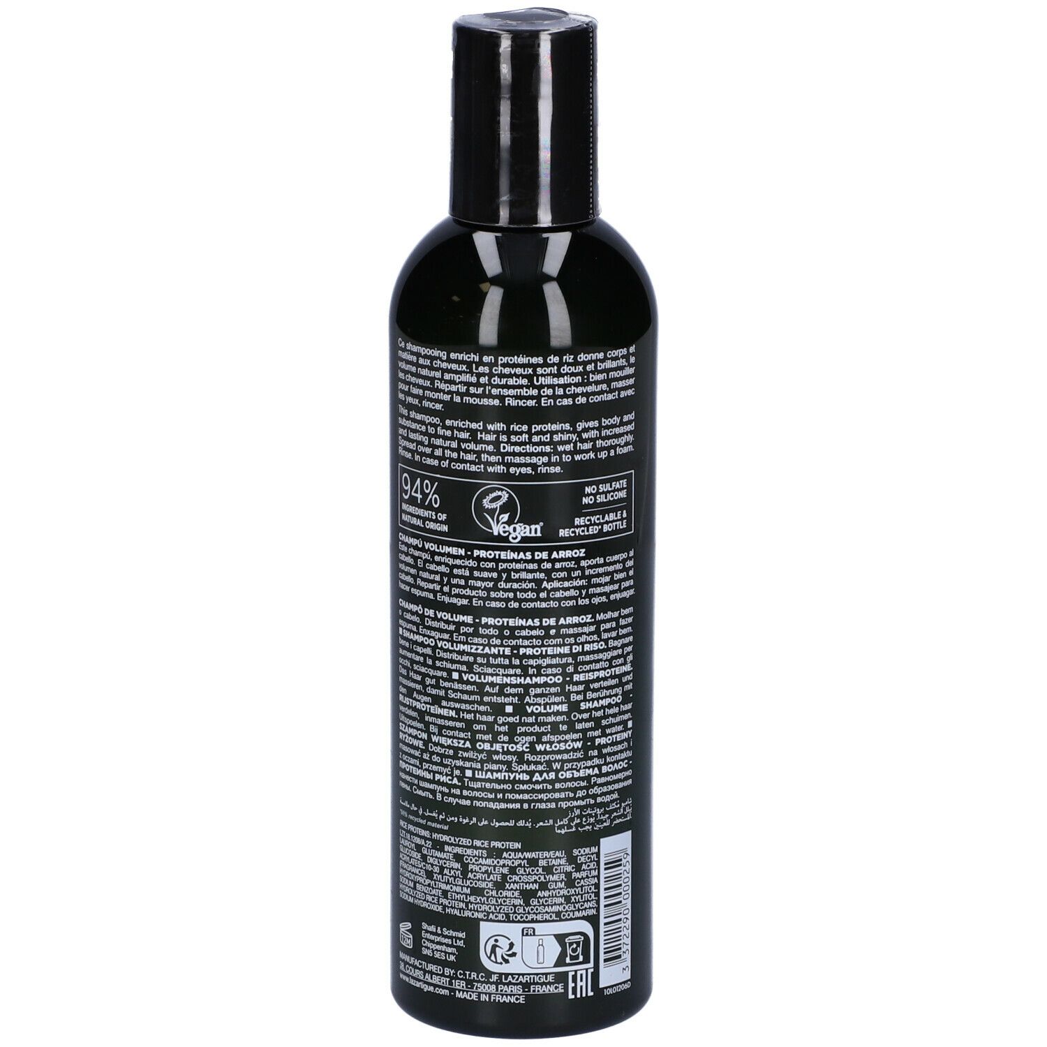 Flacone di shampoo verde con tappo nero. Scritte: LAZARTIGUE, VOLUMIZE, NEW. Per capelli fini e piatti.