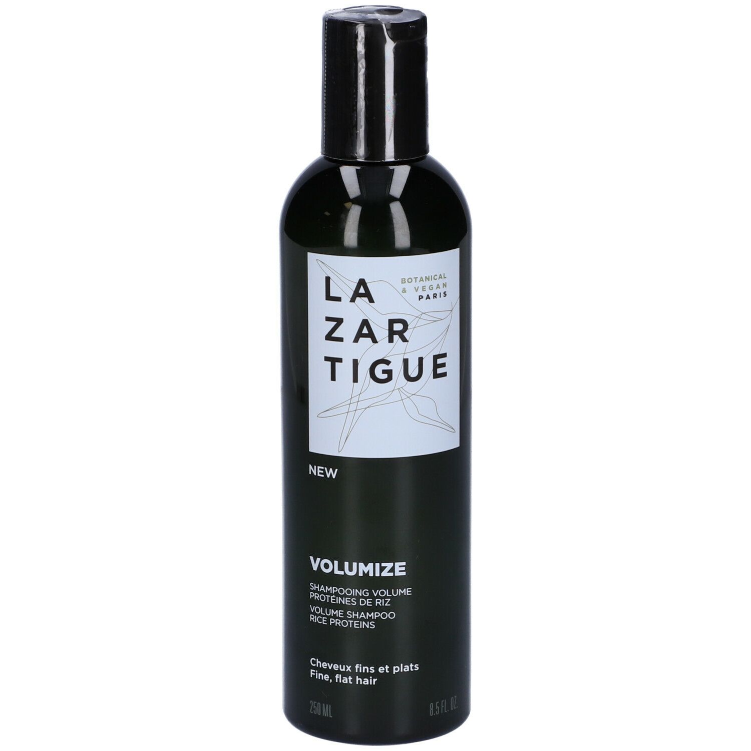 Flacone di shampoo verde con tappo nero. Scritte: LAZARTIGUE, VOLUMIZE. Per capelli fini e piatti.