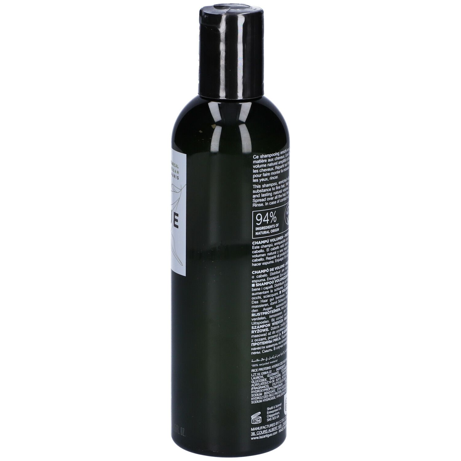 Flacone di shampoo verde con tappo nero. Scritte: LAZARTIGUE, VOLUMIZE. Retro con testo. 94% ingredienti di origine naturale.