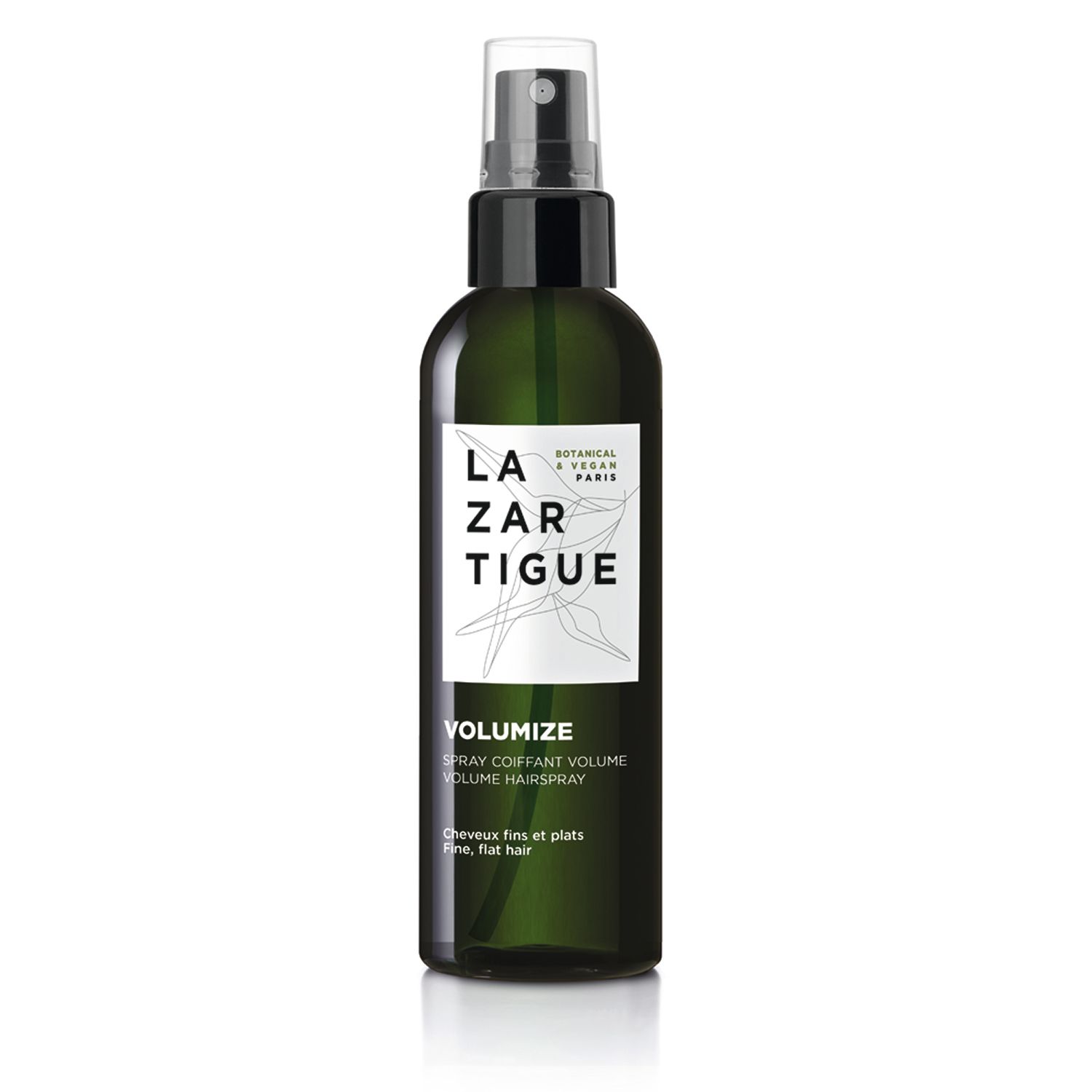 Flacone spray verde con erogatore nero. Scritta: LAZARTIGUE, VOLUMIZE, Spray Coiffant Volume. Per capelli fini e piatti.