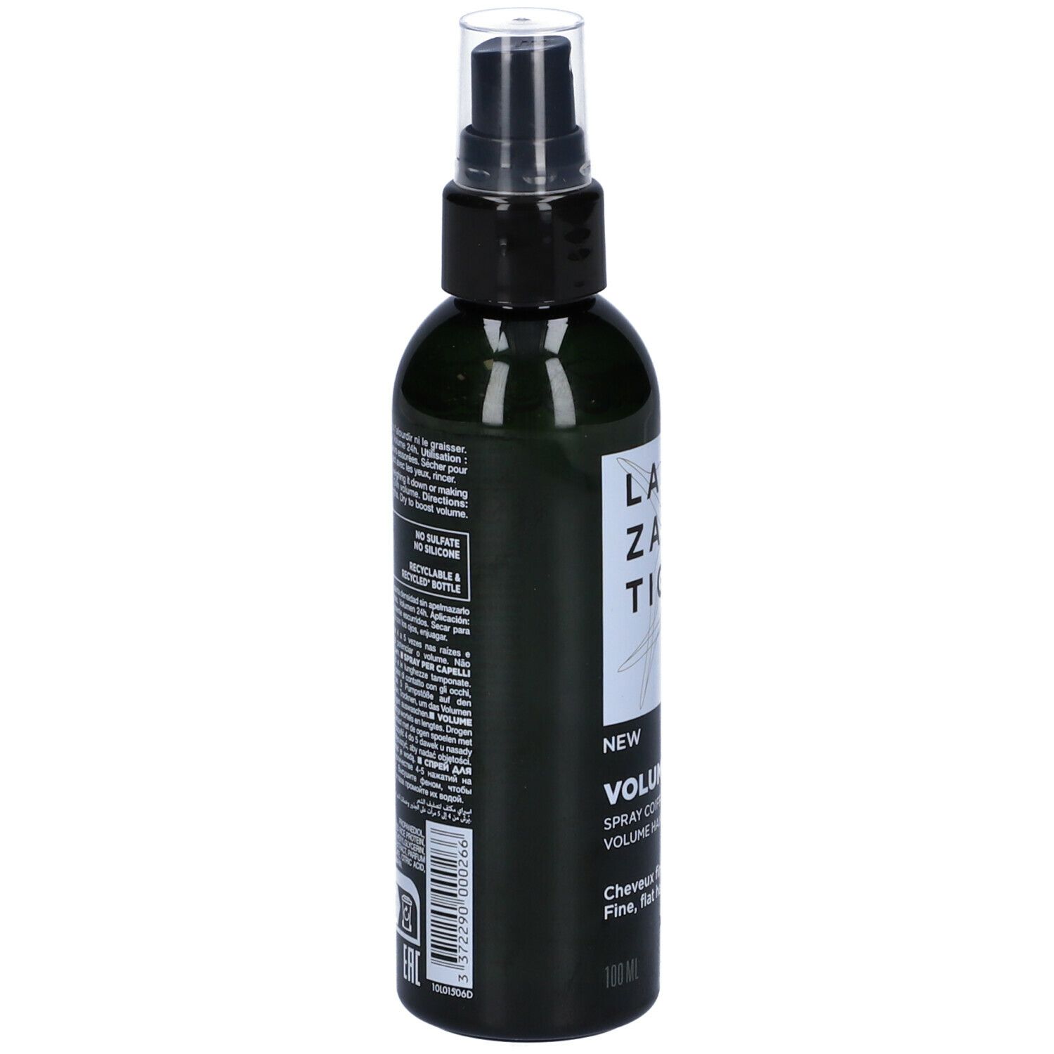 Flacone spray verde con erogatore nero. Retro con testo e loghi. Scritta: LAZARTIGUE, VOLUMIZE, Spray Coiffant Volume. 100 ml.