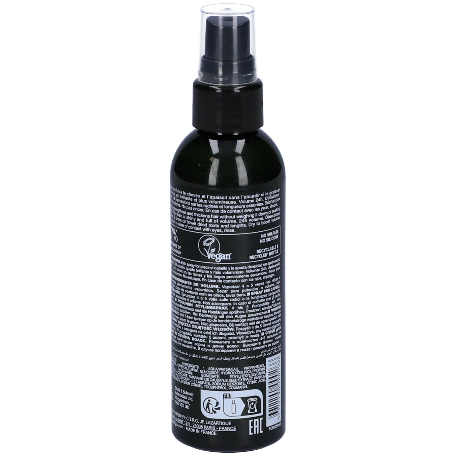 Flacone spray verde con erogatore nero. Retro con testo e loghi. Scritta: LAZARTIGUE, VOLUMIZE, Spray Coiffant Volume. 100 ml.