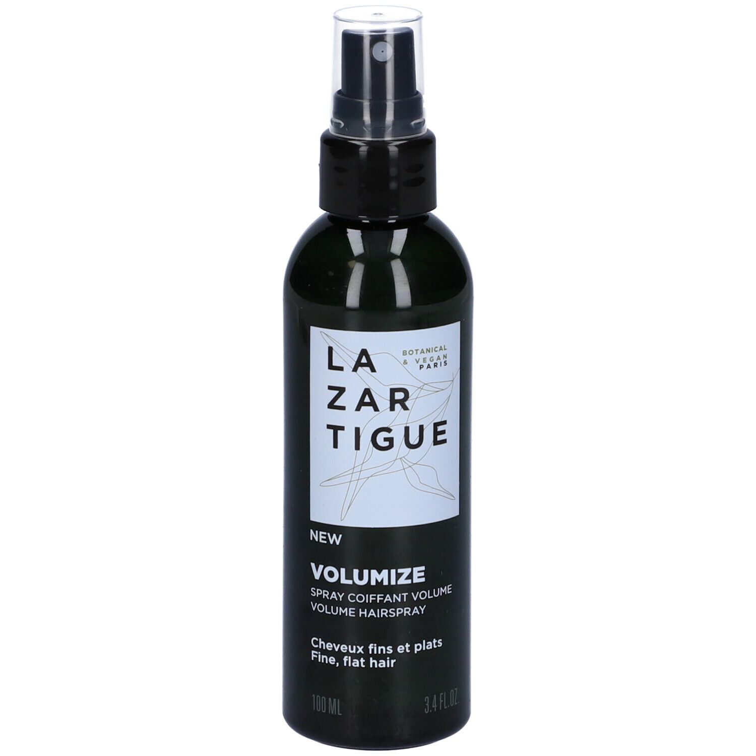 Flacone spray verde con erogatore nero. Scritta: LAZARTIGUE, VOLUMIZE, Spray Coiffant Volume. Per capelli fini e piatti. 100 ml.