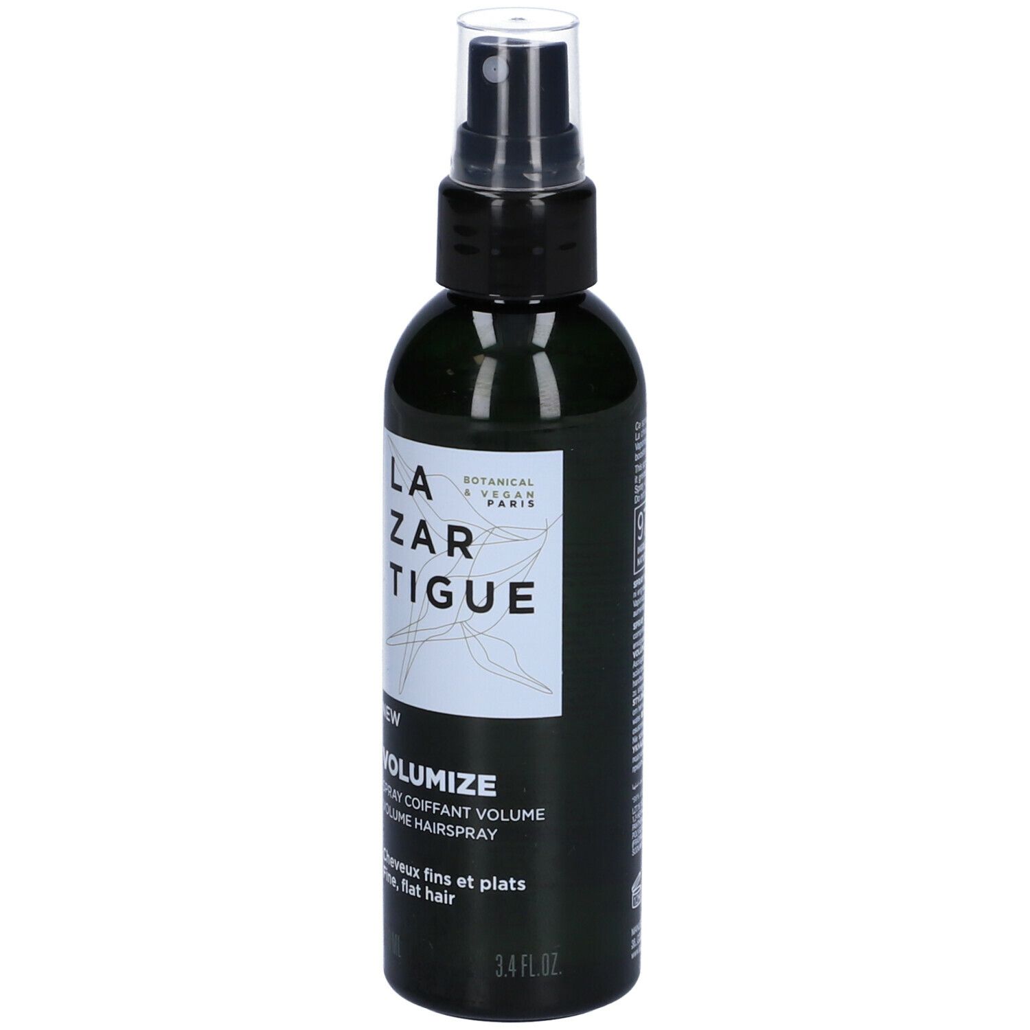 Flacone spray verde con erogatore nero. Scritta: LAZARTIGUE, VOLUMIZE, Spray Coiffant Volume. Per capelli fini e piatti. 100 ml.