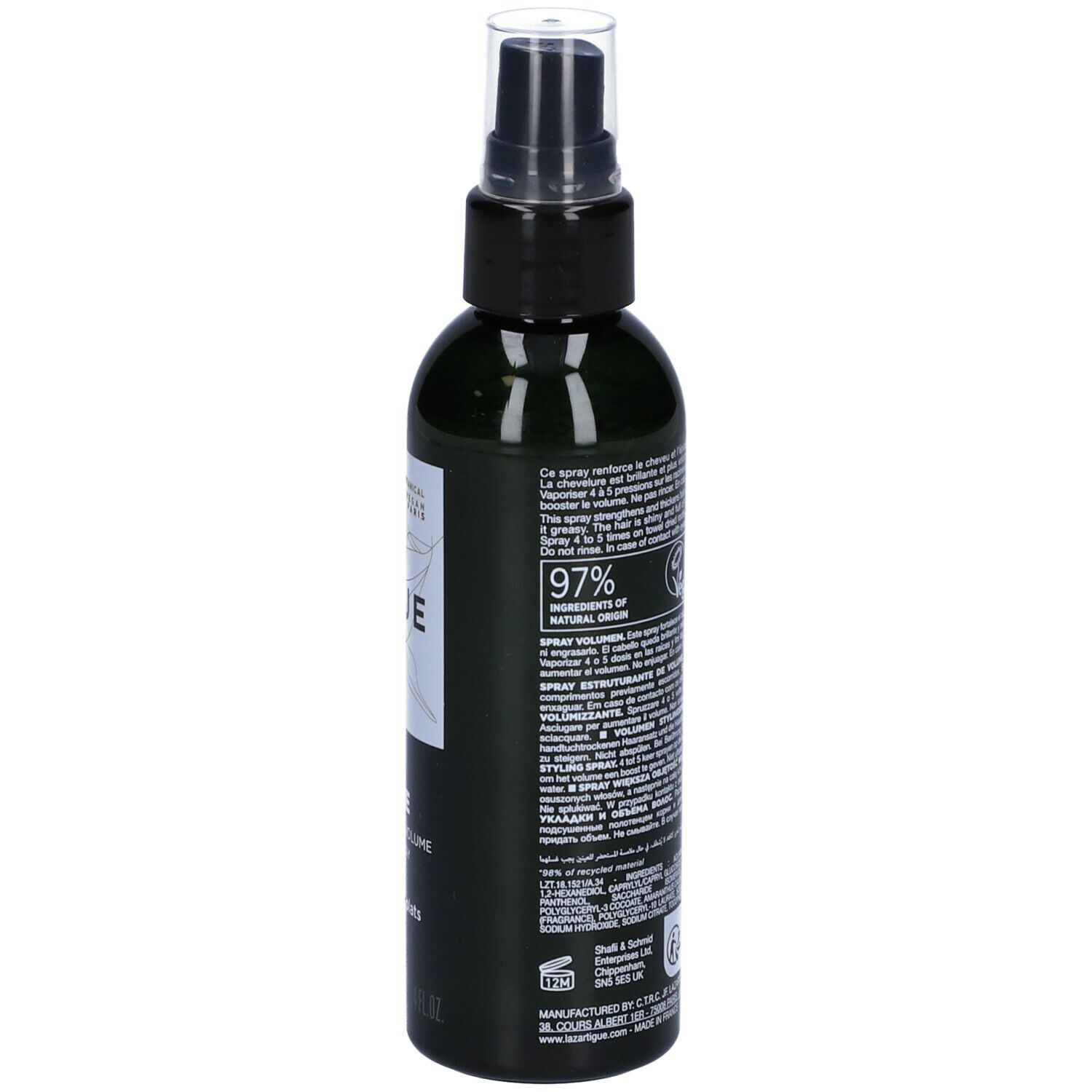 Flacone spray verde con erogatore nero. Retro con testo e loghi. Scritta: LAZARTIGUE, VOLUMIZE, Spray Coiffant Volume. 100 ml.