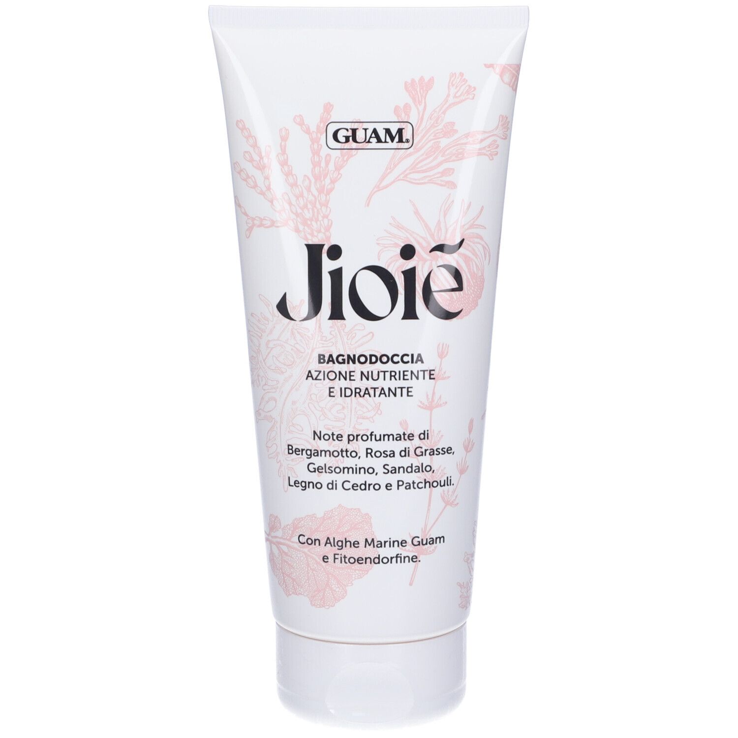 Tubo bianco con motivi floreali rosa. Testo: Guam, Jioie, Bagnodoccia, Azione Nutriente e Idratante. Note profumate.