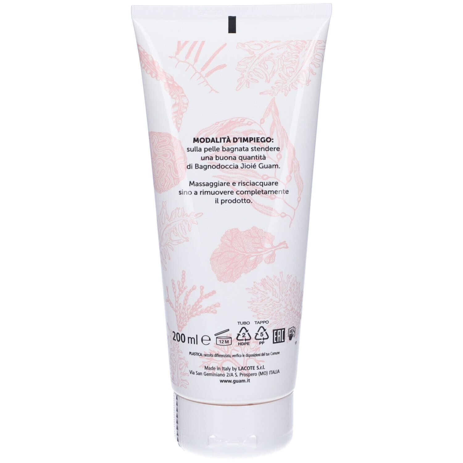Retro del tubo bianco. Motivi floreali rosa. Testo: Modalità d'impiego. 200 ml. Simboli di riciclo.