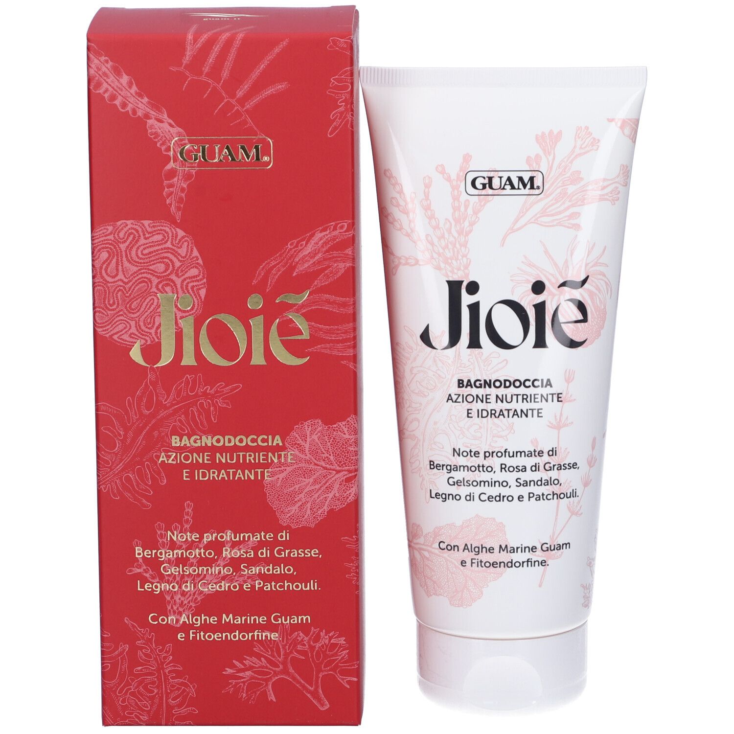 Confezione del prodotto. Scatola rossa e tubo bianco. Testo: Guam, Jioie, Bagnodoccia, Azione Nutriente e Idratante. Note profumate.