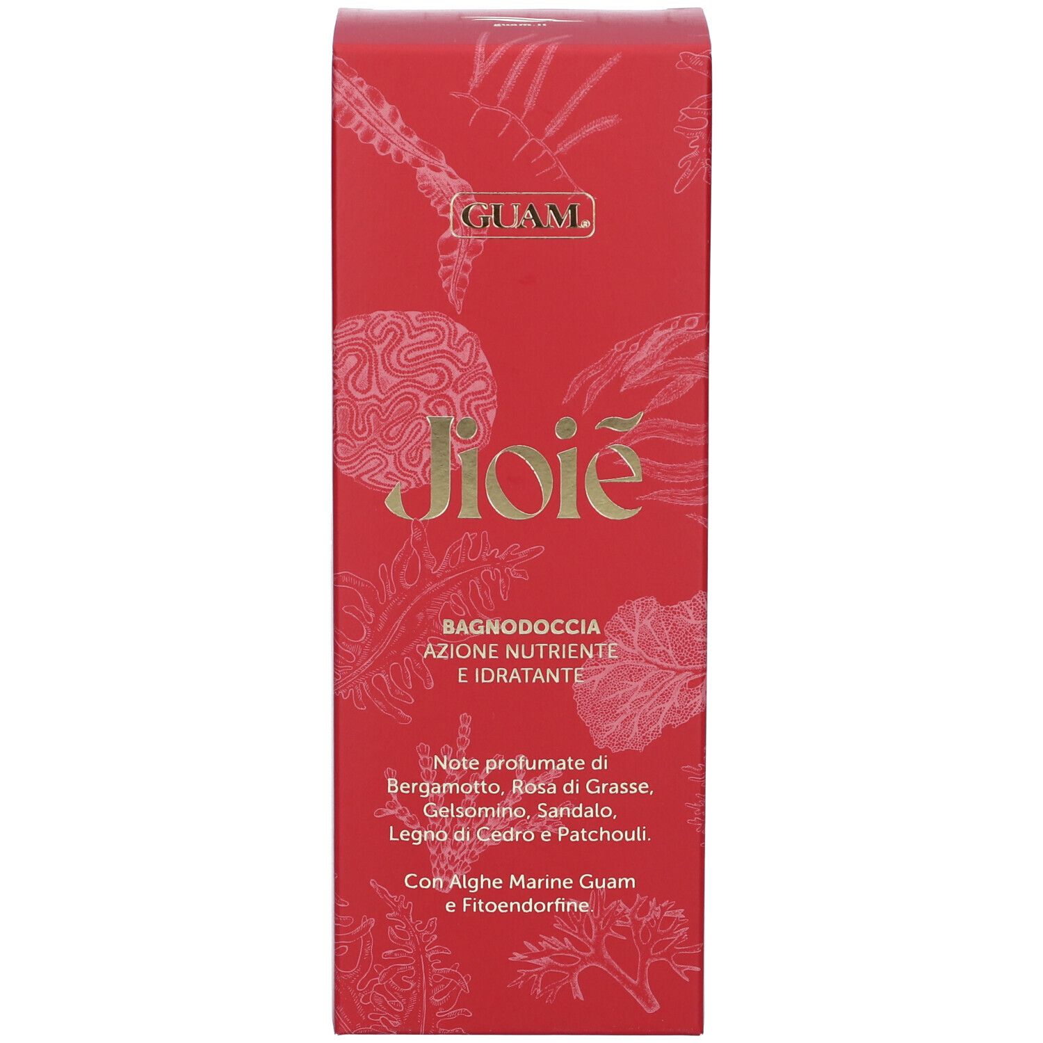 Scatola rossa. Testo: Guam, Jioie, Bagnodoccia, Azione Nutriente e Idratante. Note profumate. Motivi floreali.