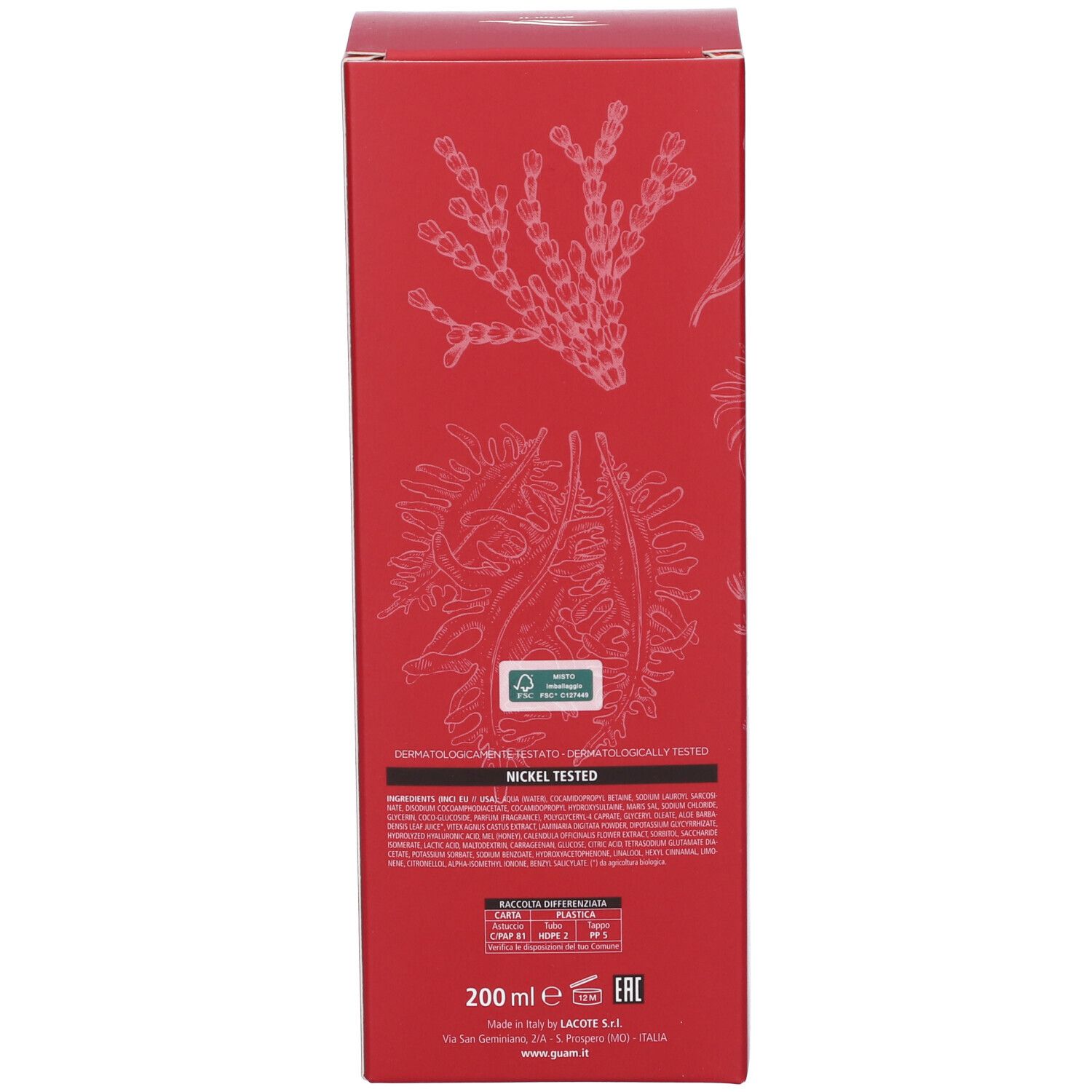 Scatola rossa. Testo: 200 ml, Nickel Tested, simboli di riciclo. Motivi floreali.