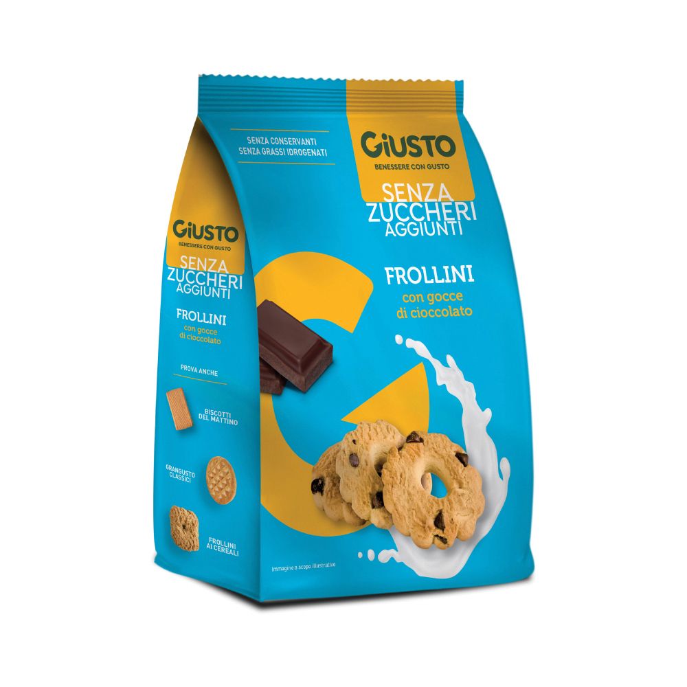 Confezione blu di Frollini Giusto senza zuccheri aggiunti con gocce di cioccolato. Scritta: Senza Zuccheri Aggiunti.