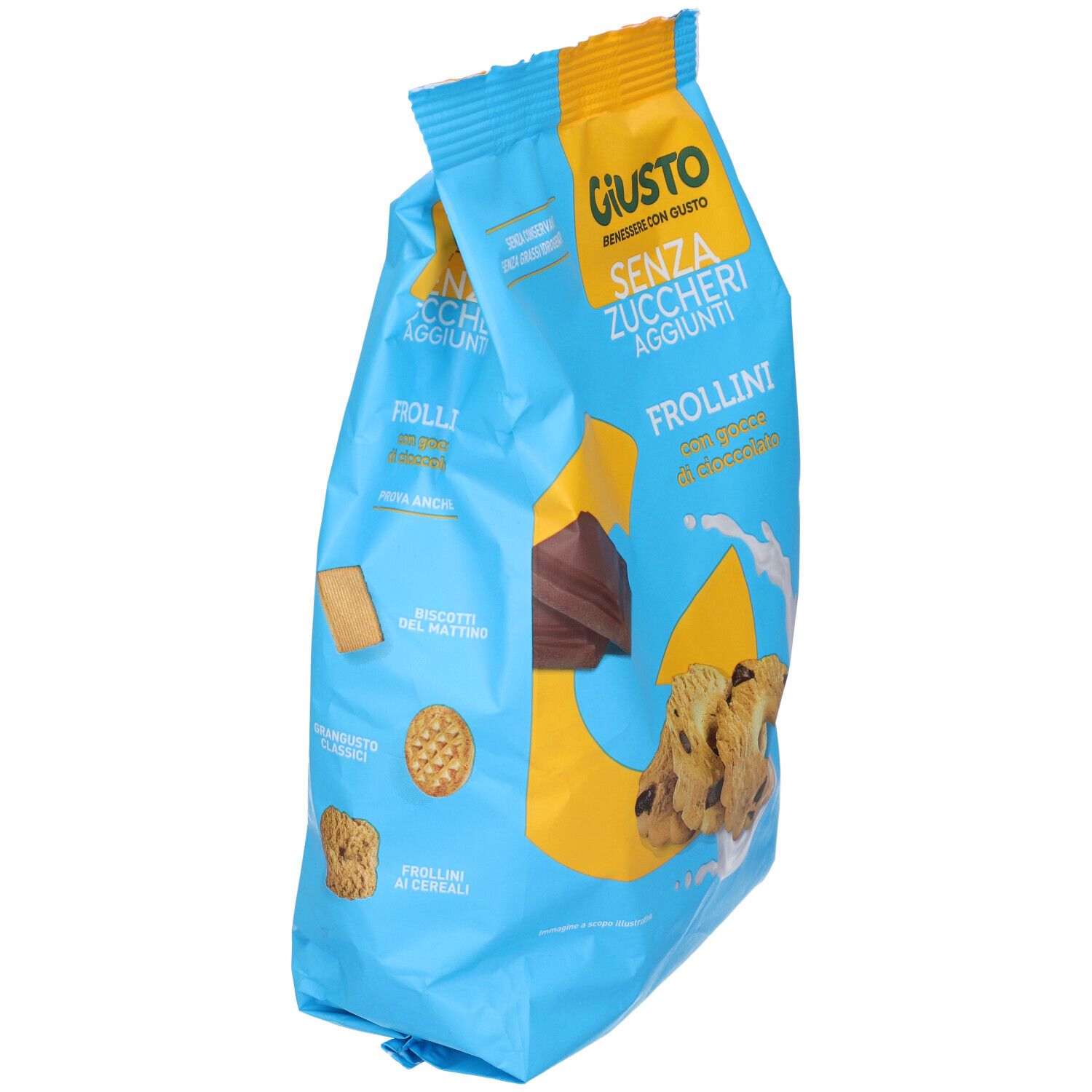 Confezione blu di Frollini Giusto senza zuccheri aggiunti. Con gocce di cioccolato e spruzzo di latte.
