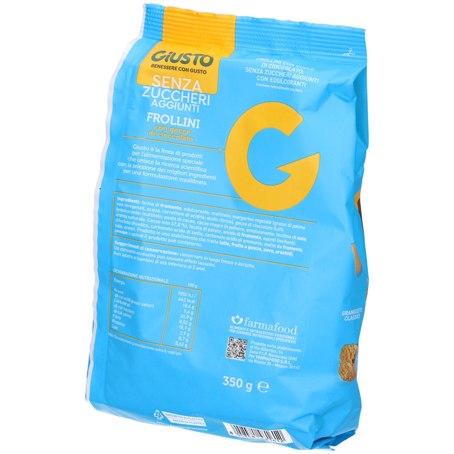 Retro della confezione di Frollini Giusto. Confezione blu con informazioni nutrizionali e codice QR.