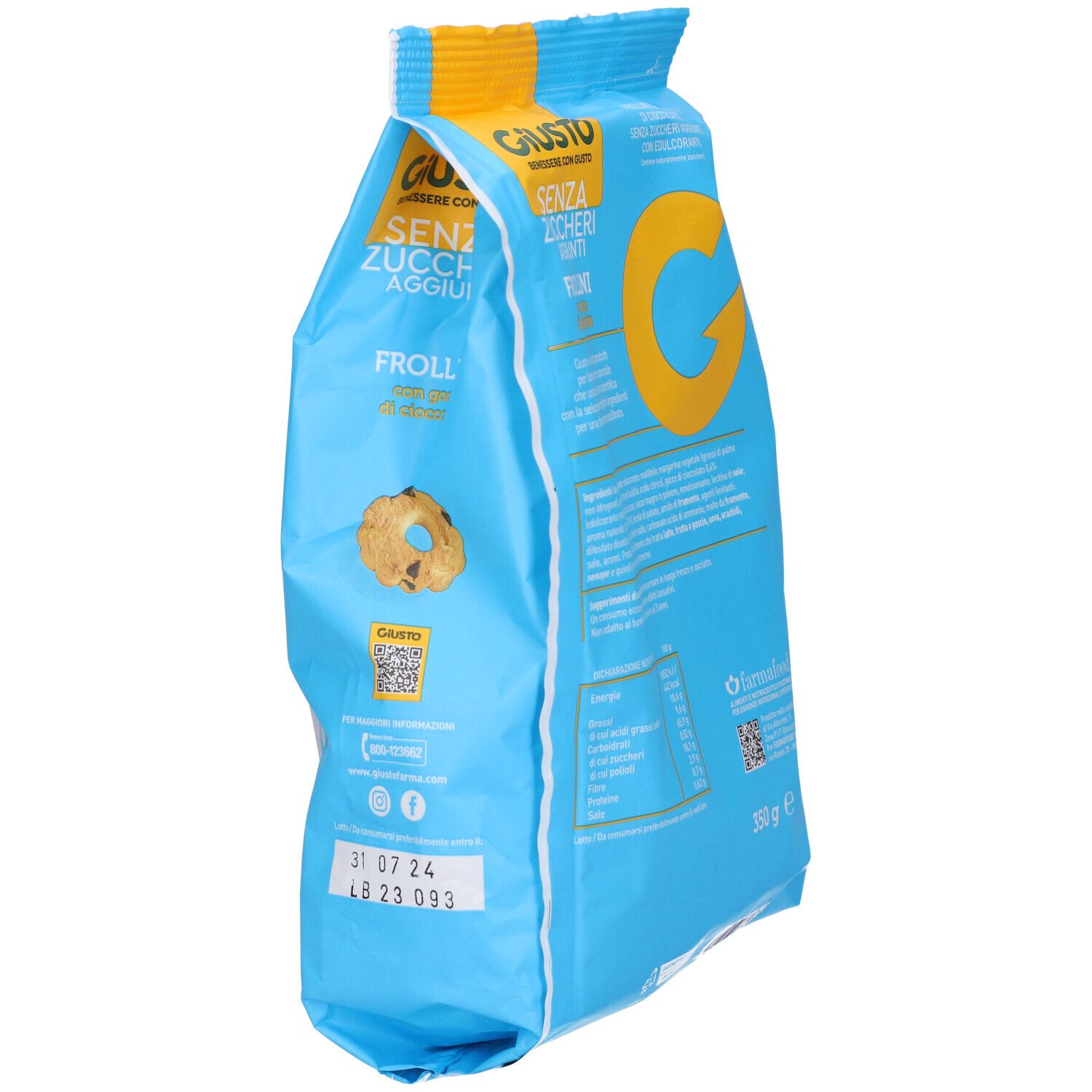 Confezione blu di Frollini Giusto senza zuccheri aggiunti. Con gocce di cioccolato e spruzzo di latte.
