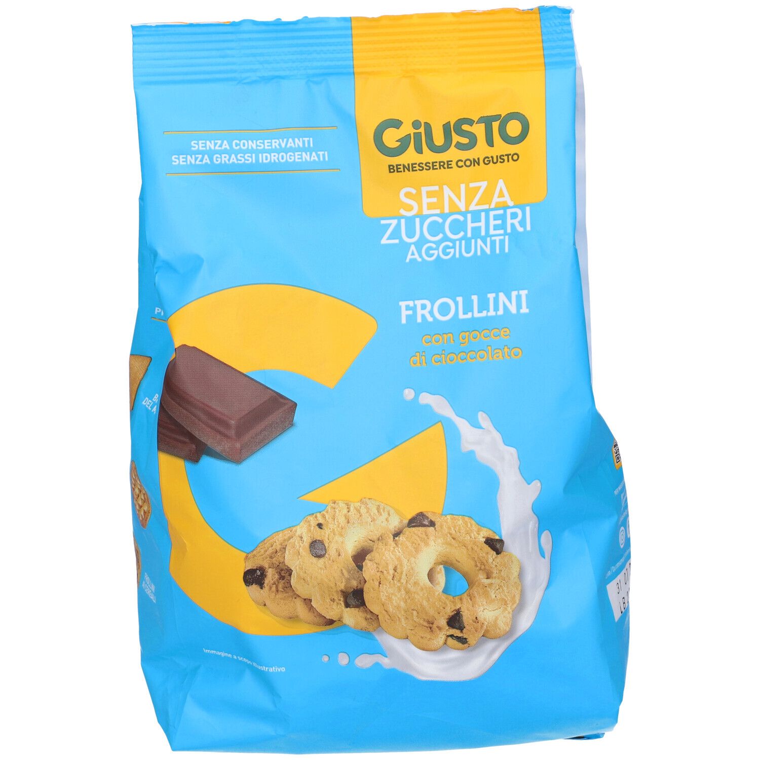 Confezione blu di Frollini Giusto senza zuccheri aggiunti con gocce di cioccolato. Scritta: Senza Zuccheri Aggiunti.