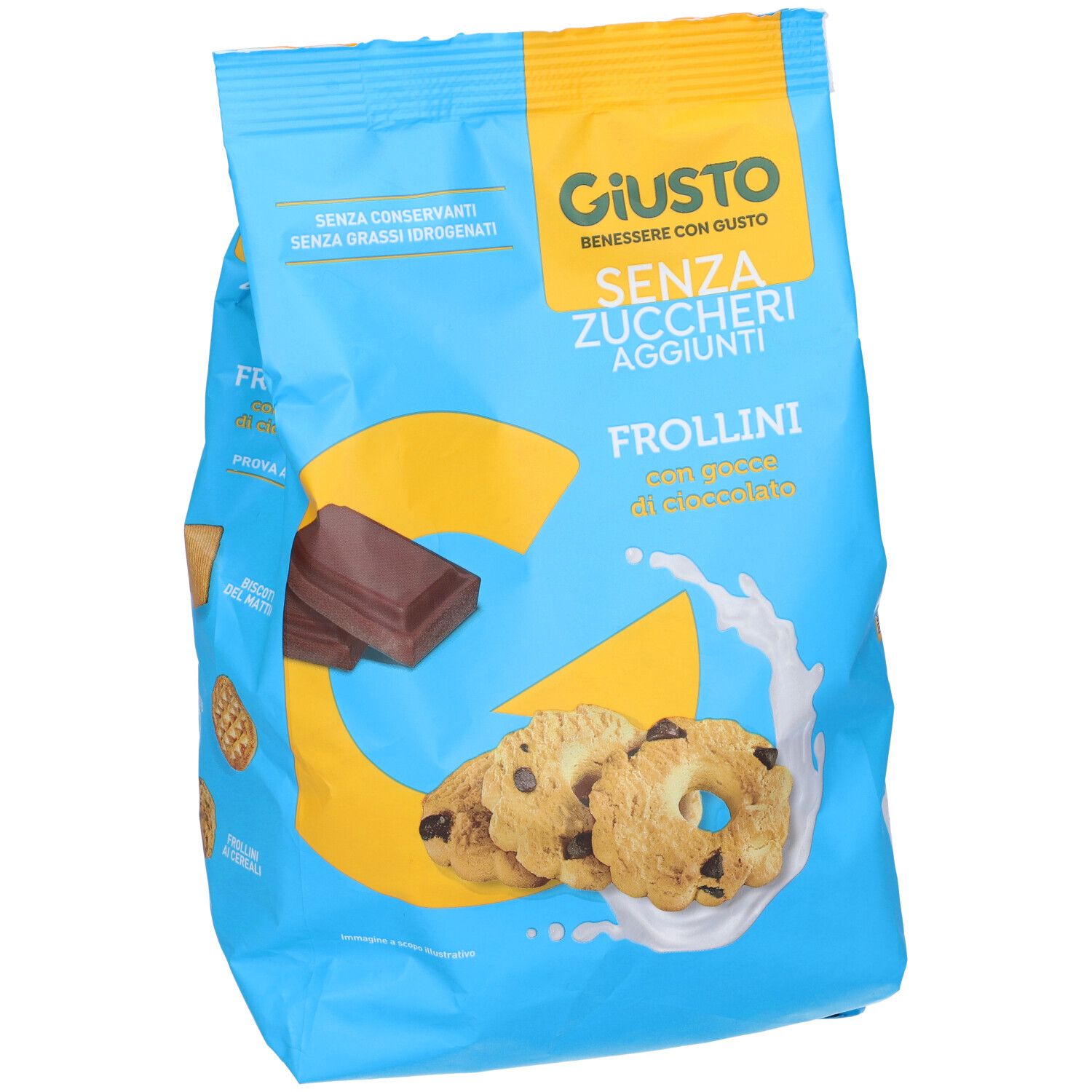 Confezione blu di Frollini Giusto senza zuccheri aggiunti con gocce di cioccolato. Scritta: Senza Zuccheri Aggiunti.