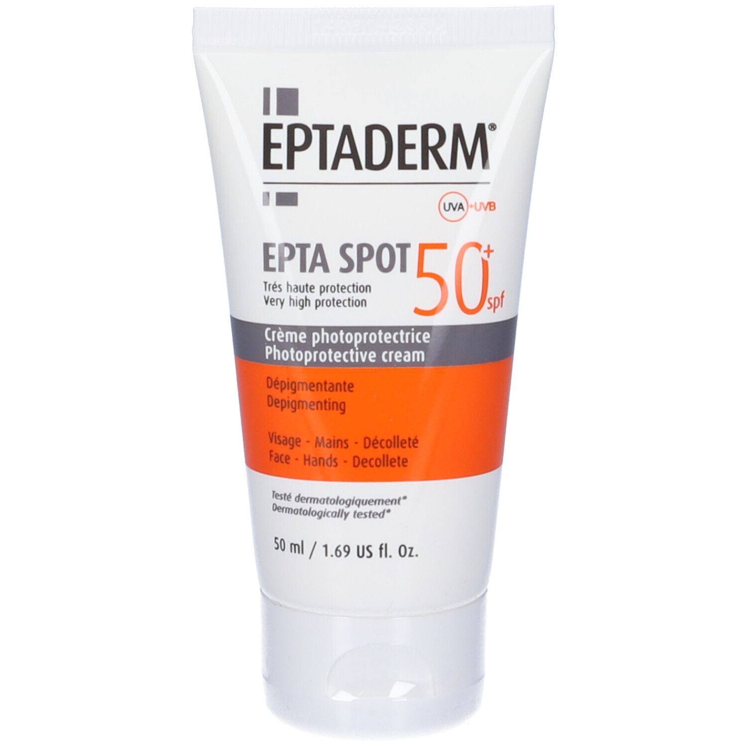 Tubo Eptaderm Epta Spot 50+. Protezione solare molto alta. Viso, mani, décolleté. UVA/UVB.