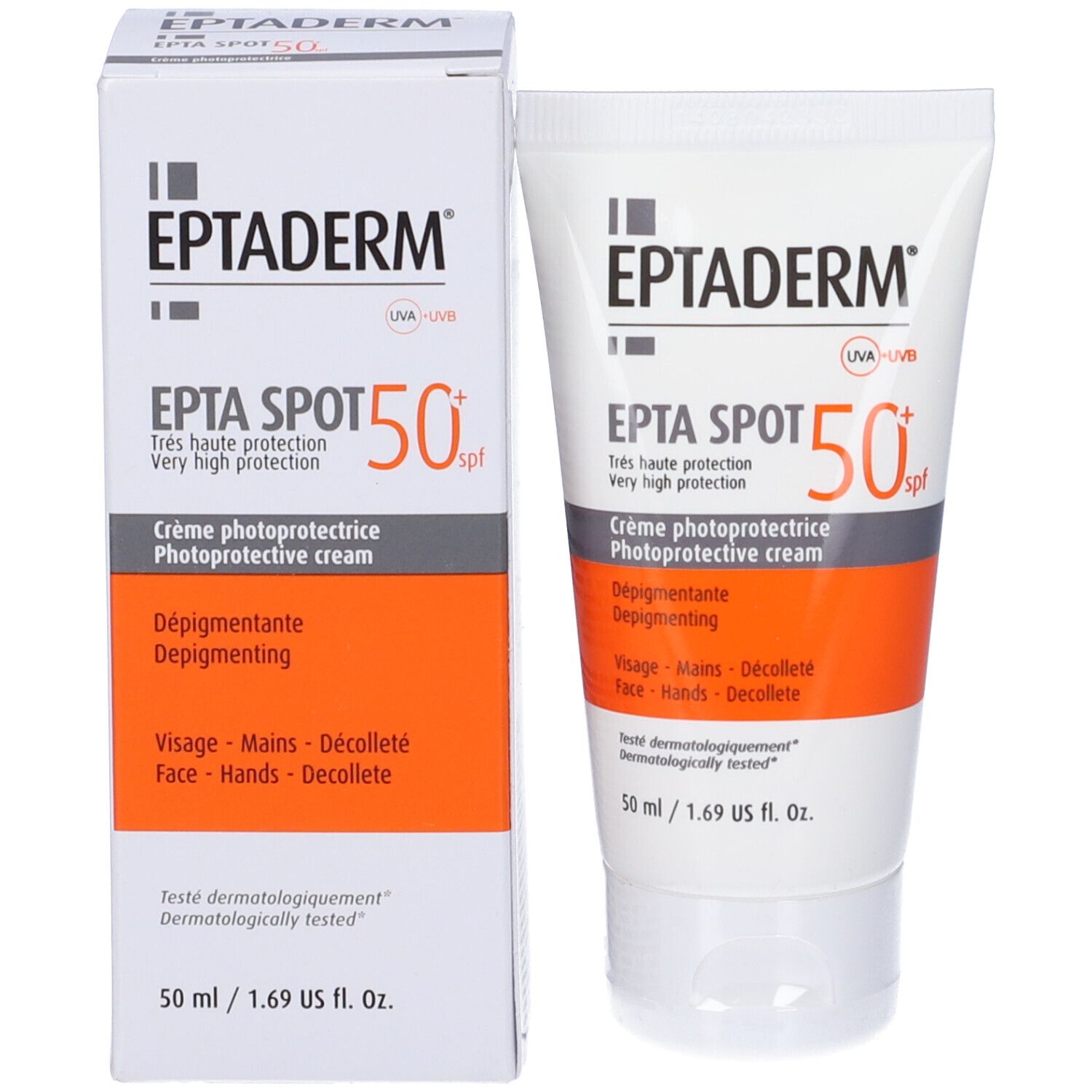 Eptaderm Epta Spot 50+ crema e confezione. Protezione solare molto alta. Viso, mani, décolleté.
