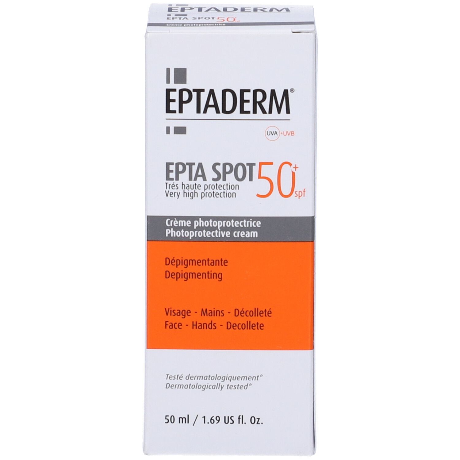 Confezione Eptaderm Epta Spot 50+. Protezione solare molto alta. Viso, mani, décolleté.
