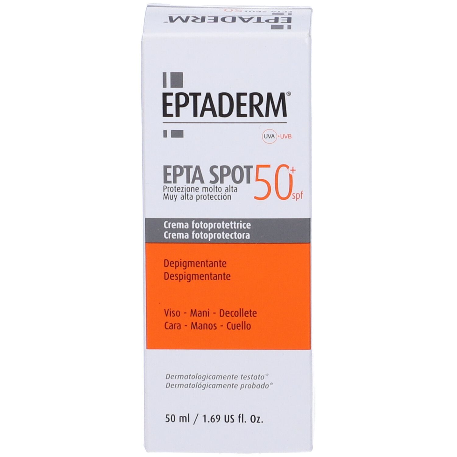 Confezione Eptaderm Epta Spot 50+. Protezione solare molto alta. Viso, mani, décolleté.