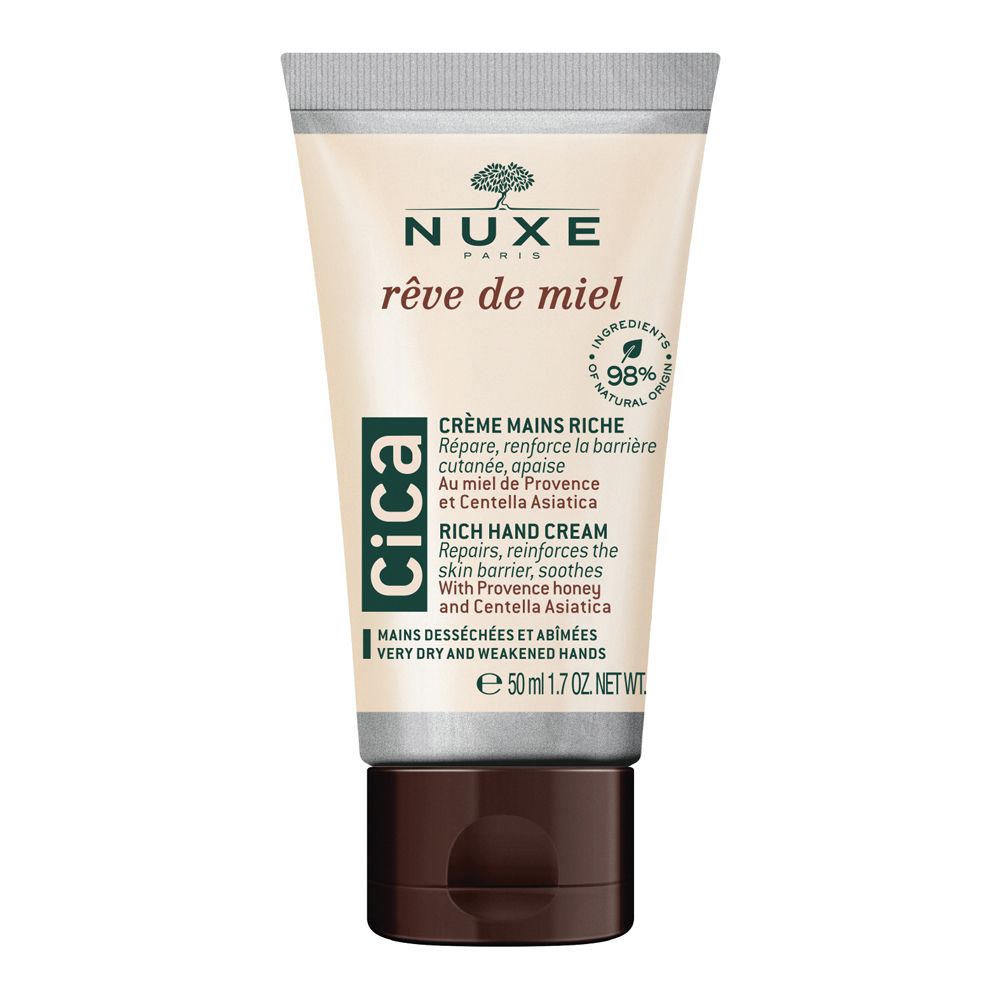 Tubo di crema con nome e informazioni. Scritta verde e bianca su sfondo beige. Tappo marrone.