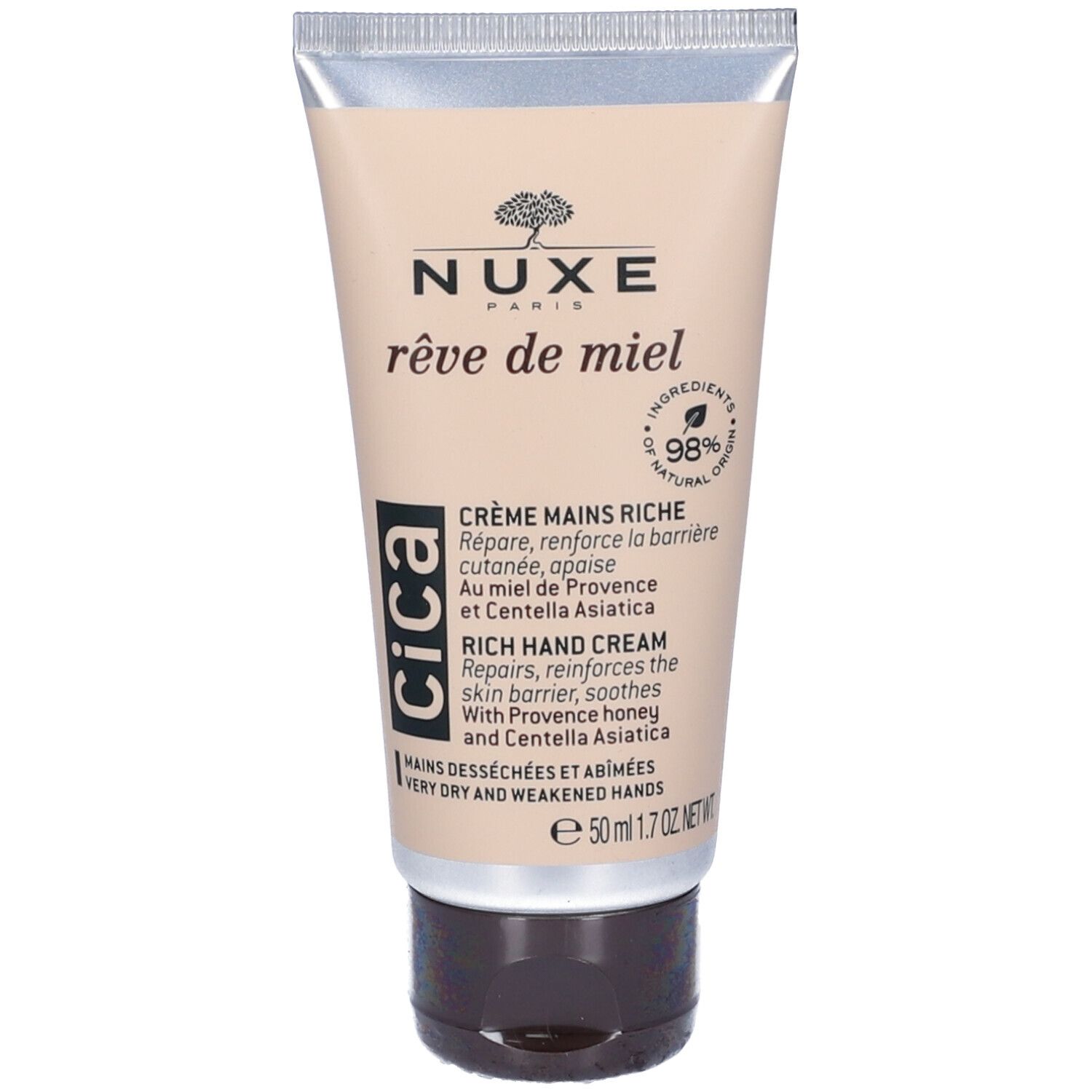 Tubo di crema con nome e informazioni. Scritta verde e bianca su sfondo beige. Tappo marrone.