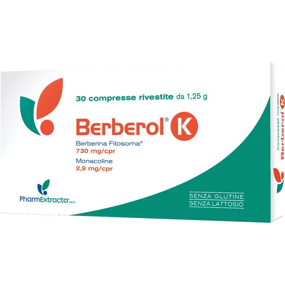 Confezione di Berberol K. Contiene 30 compresse. Scritte: Berberina Fitosoma, Monacolina. Senza glutine e lattosio.