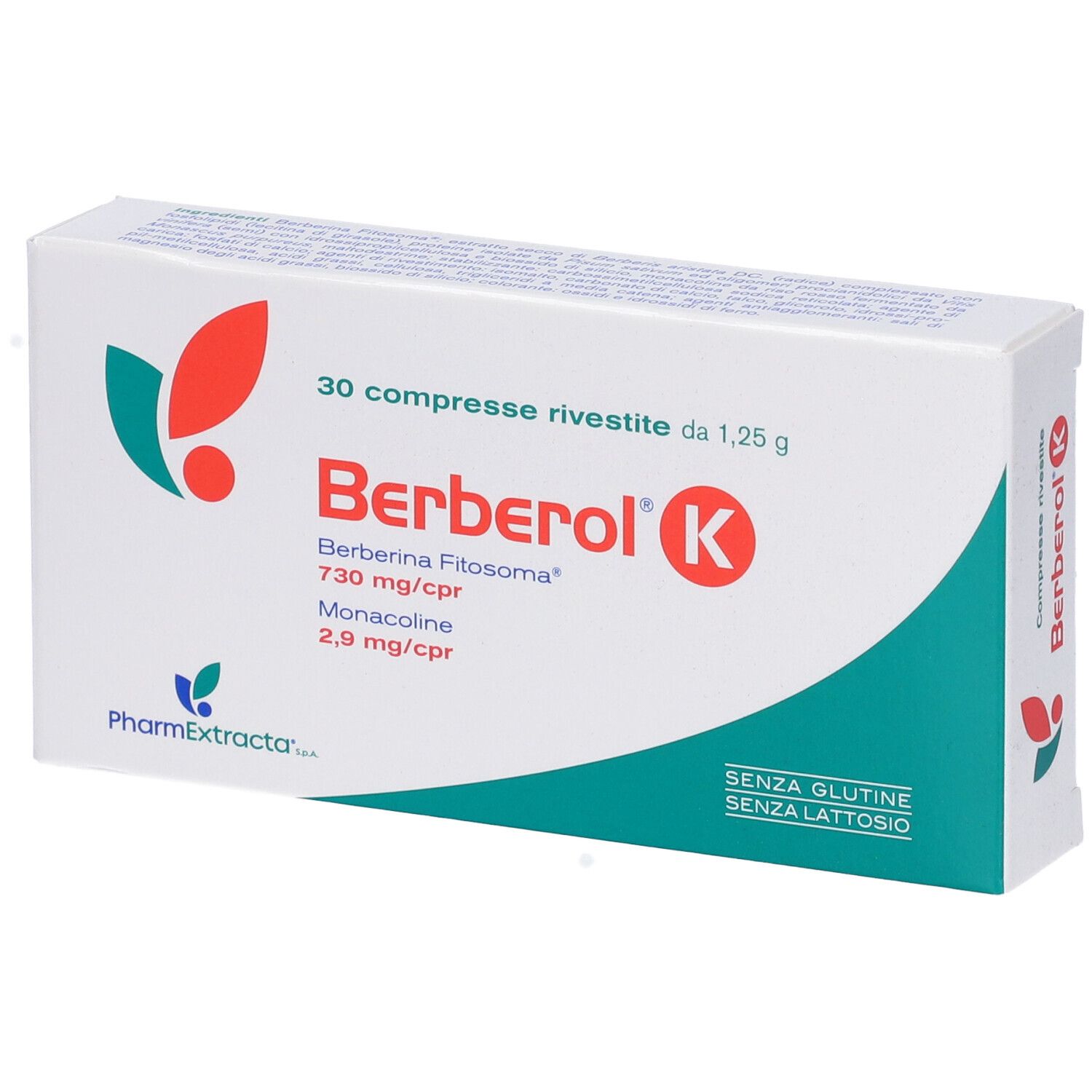 Confezione di Berberol K. Contiene 30 compresse. Scritte: Berberina Fitosoma, Monacolina. Senza glutine e lattosio.