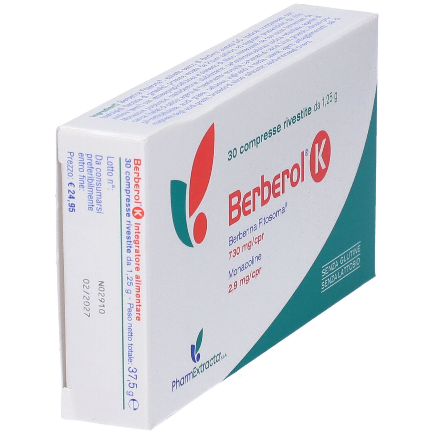 Confezione di Berberol K. Contiene 30 compresse. Scritte: Berberina Fitosoma, Monacolina. Senza glutine e lattosio.
