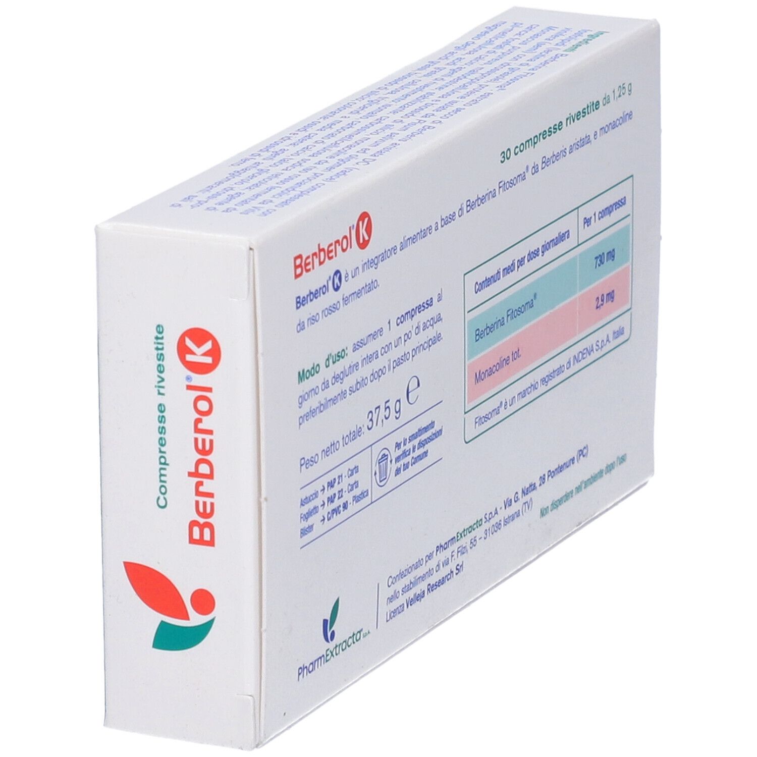Confezione di Berberol K. Contiene 30 compresse. Scritte: Berberina Fitosoma, Monacolina. Senza glutine e lattosio.