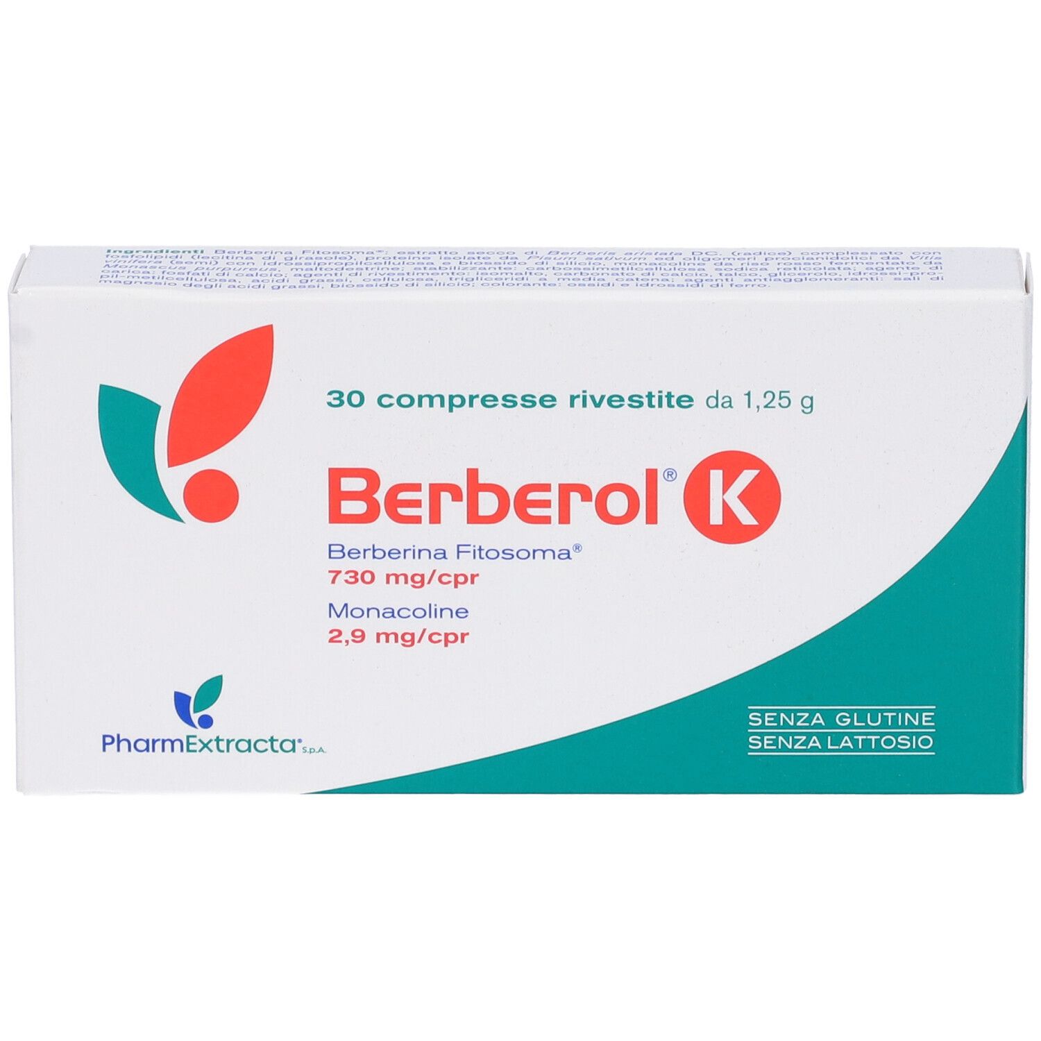 Confezione di Berberol K. Contiene 30 compresse. Scritte: Berberina Fitosoma, Monacolina. Senza glutine e lattosio.